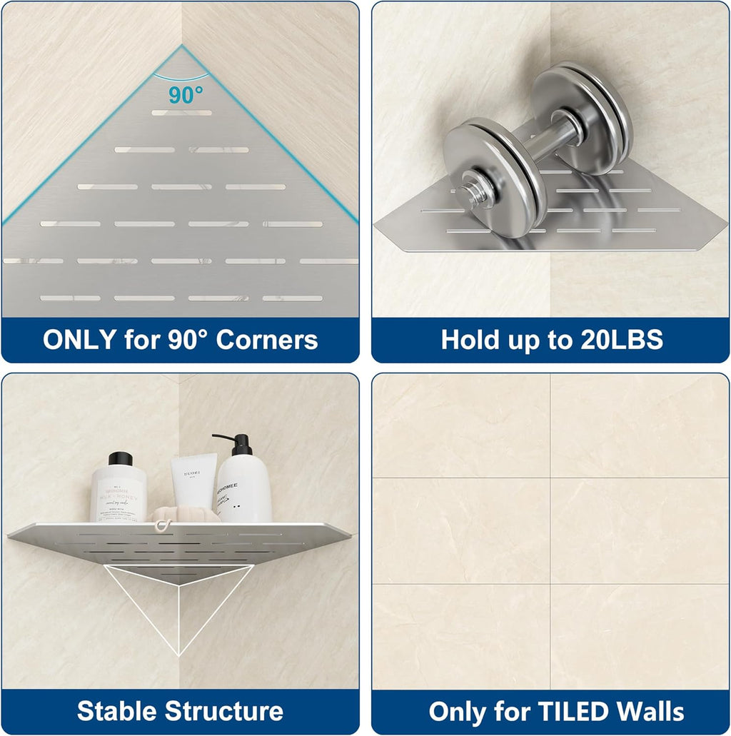 Brushed Corner Shower Shelf, Floating Corner Shelves for Tile Wall, Tile Shower Shelf, 304 Stainless Steel Wall Storage Shelves for Bathroom, No Drilling, 10 Inch, 1 Pack