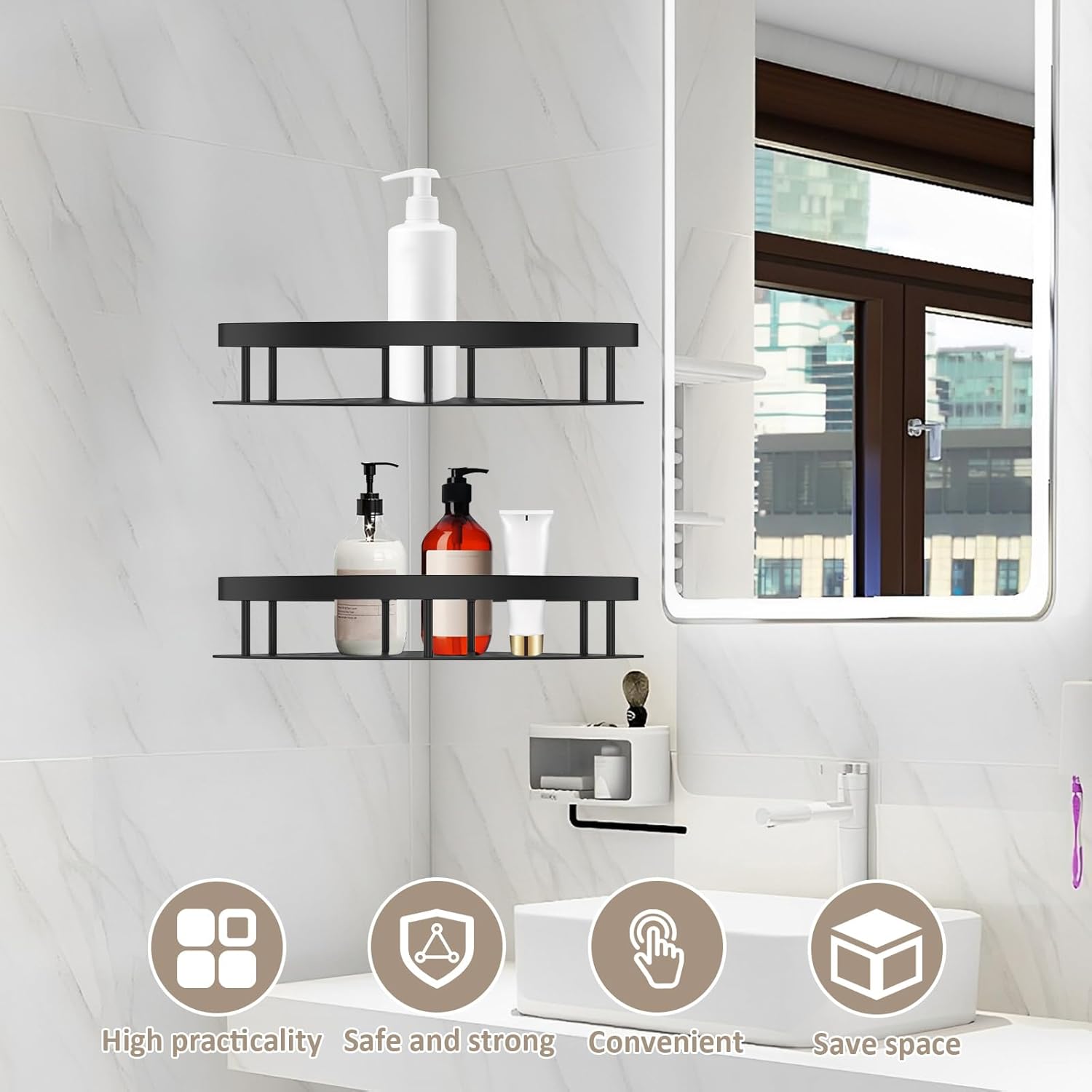 6 Pack Adhesive Corner Shower Caddy 40LB Corner Shelf Set Rustproof Aluminum No Drilling Wall Mounted Shampoo Holder Organizer Storage Rack Bathroom Shower Shelves for Inside Shower