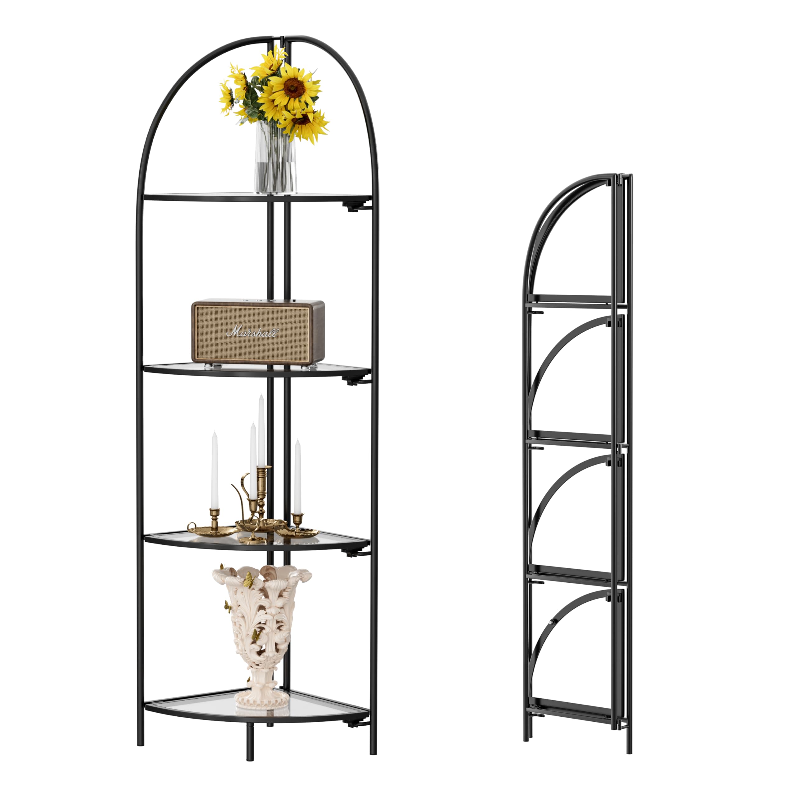 Crofy Foldable 3 Tier Corner Shelf, Metal Corner Plant Stand with White Frame and Transparent Shelves, Corner Display Rack Multipurpose Shelving Unit for Living Room, Bedroom, Bathroom