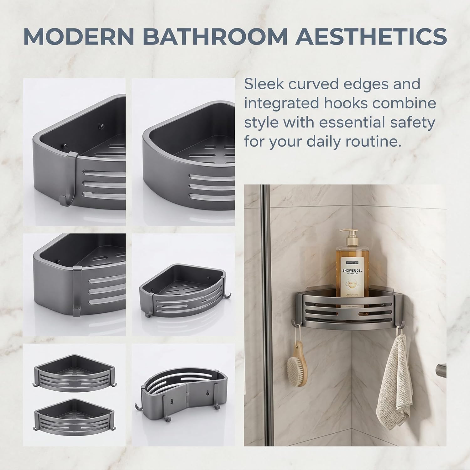 No-Drill Matte Gray Aluminum Adhesive Wall Mount Corner Shower Caddy, 2-Pack
