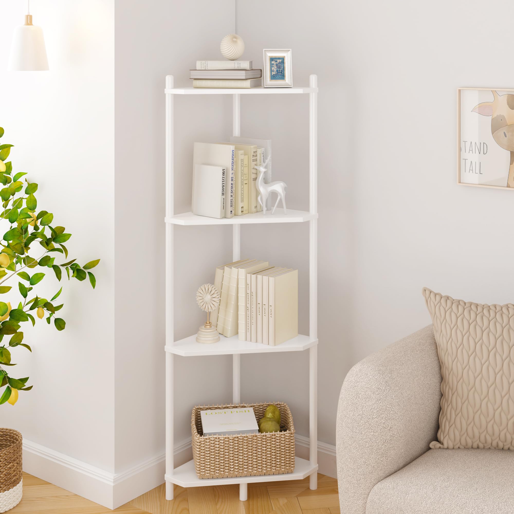 Wisuce Corner Shelf Stand - 5 Tier Natural Bamboo Small Corner Bookshelf for Office Kitchen Bedroom Plant Stand Living Room Decor Small Space