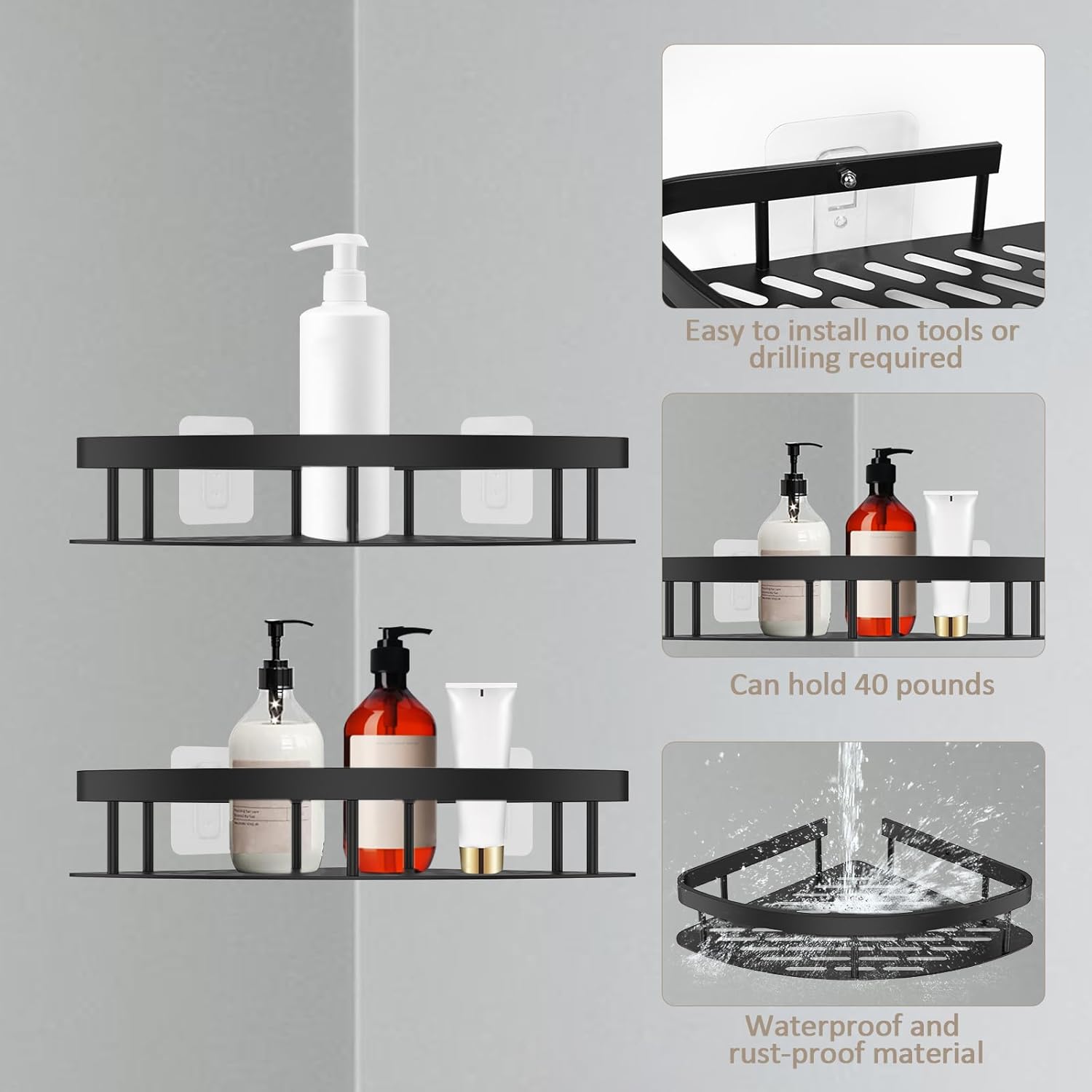 6 Pack Adhesive Corner Shower Caddy 40LB Corner Shelf Set Rustproof Aluminum No Drilling Wall Mounted Shampoo Holder Organizer Storage Rack Bathroom Shower Shelves for Inside Shower
