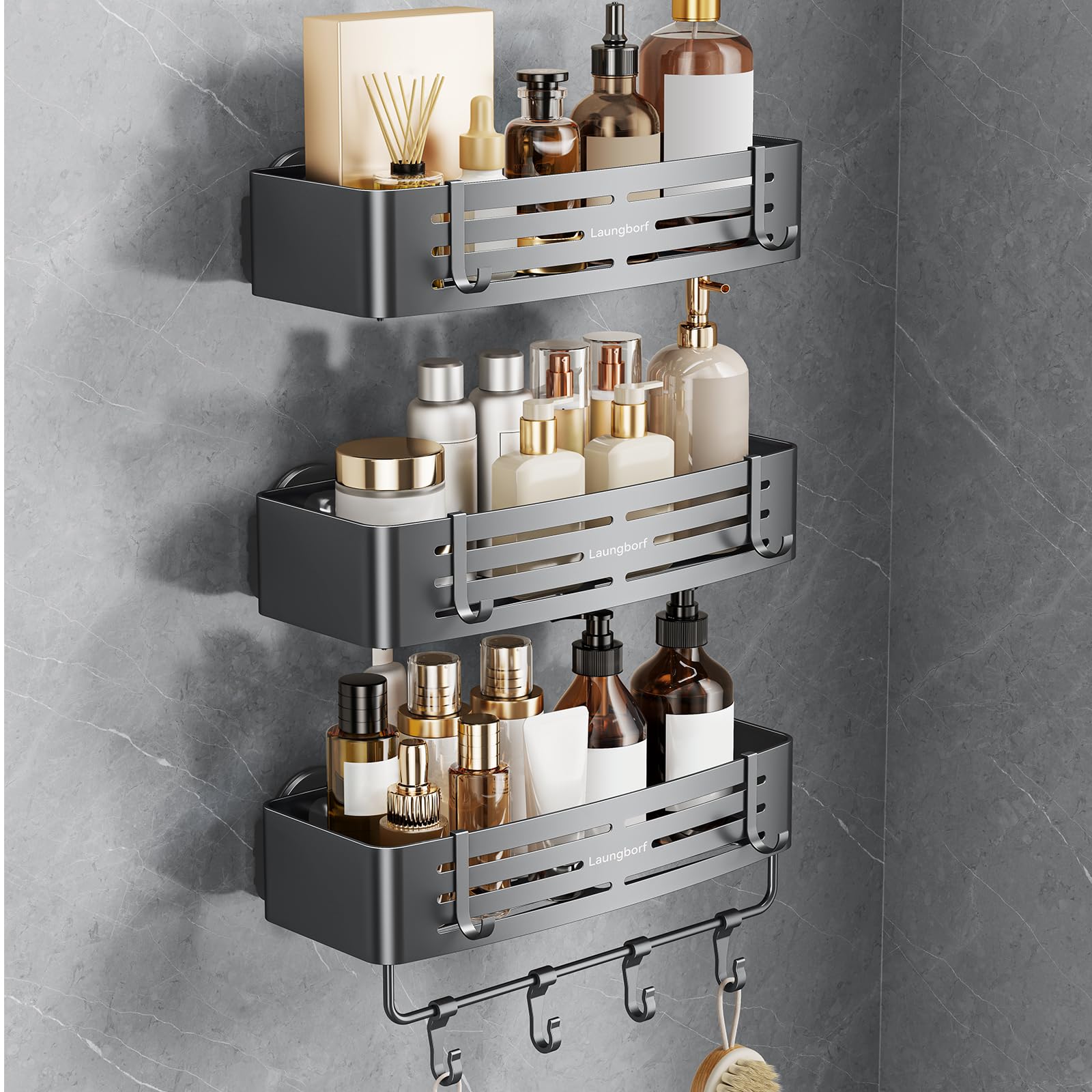 Corner Shower Caddy Suction Cup – Rustproof Aluminum Triangle Shelf with Hooks & Towel Bar, Laungborf No-Drill Wall Storage for Bathroom Kitchen Laundry (Matte Gray, 2 Pack)