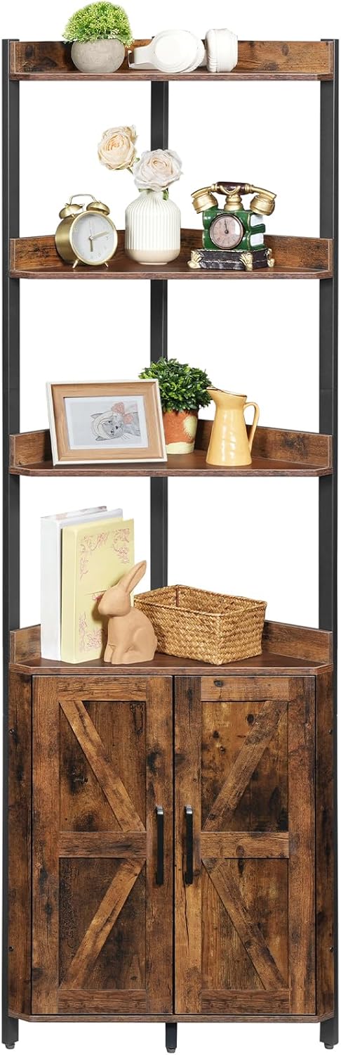 HOOBRO Corner Shelf with Storage, Tall Corner Cabinet, 5-Tier Bookshelf Stand, Storage Cabinet with Protective Fence, for Living Room, Rustic Brown and Black BF78CJ01