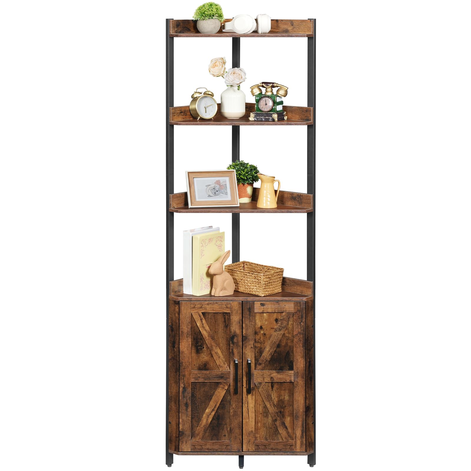 HOOBRO Corner Shelf with Storage, Tall Corner Cabinet, 5-Tier Bookshelf Stand, Storage Cabinet with Protective Fence, for Living Room, Rustic Brown and Black BF78CJ01