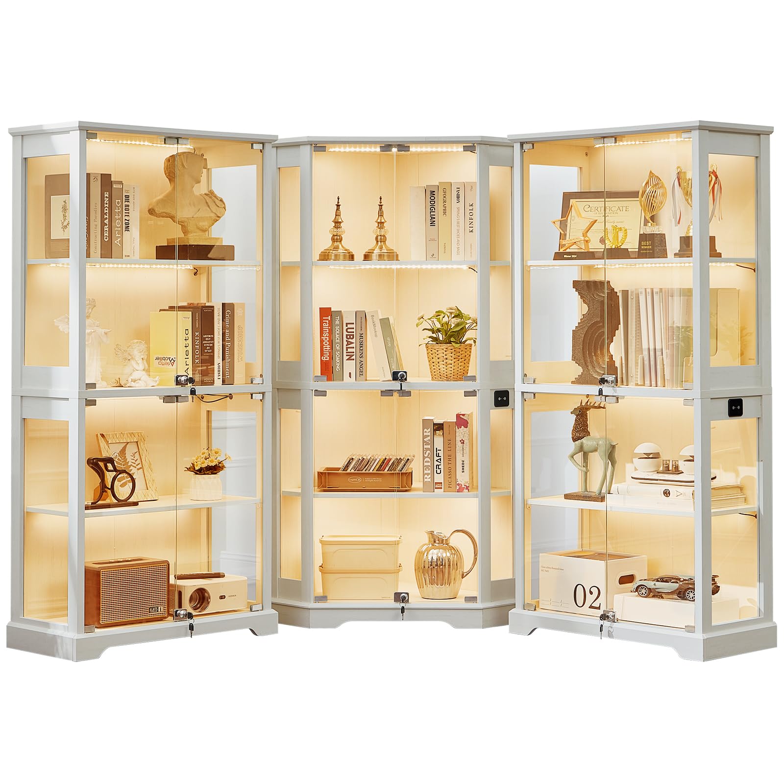 LELELINKY Farmhouse Corner Display Cabinet with Glass Doors, Corner Curio Cabinet with 3-Color LED Motion-Sensor Light, Walnut