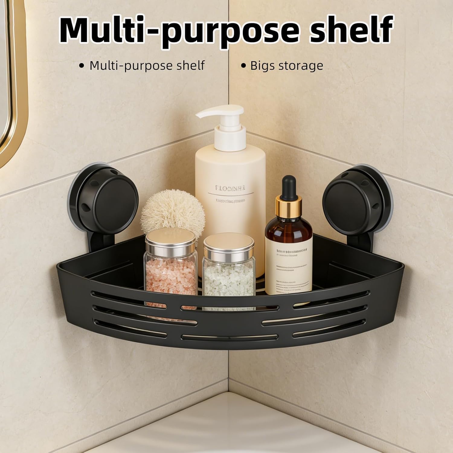 Triangle Shower Caddy Suction Cup, No Drill Bathroom Corner Shelf, Shower Corner Storage Organizer for Towels & Bathroom Essentials