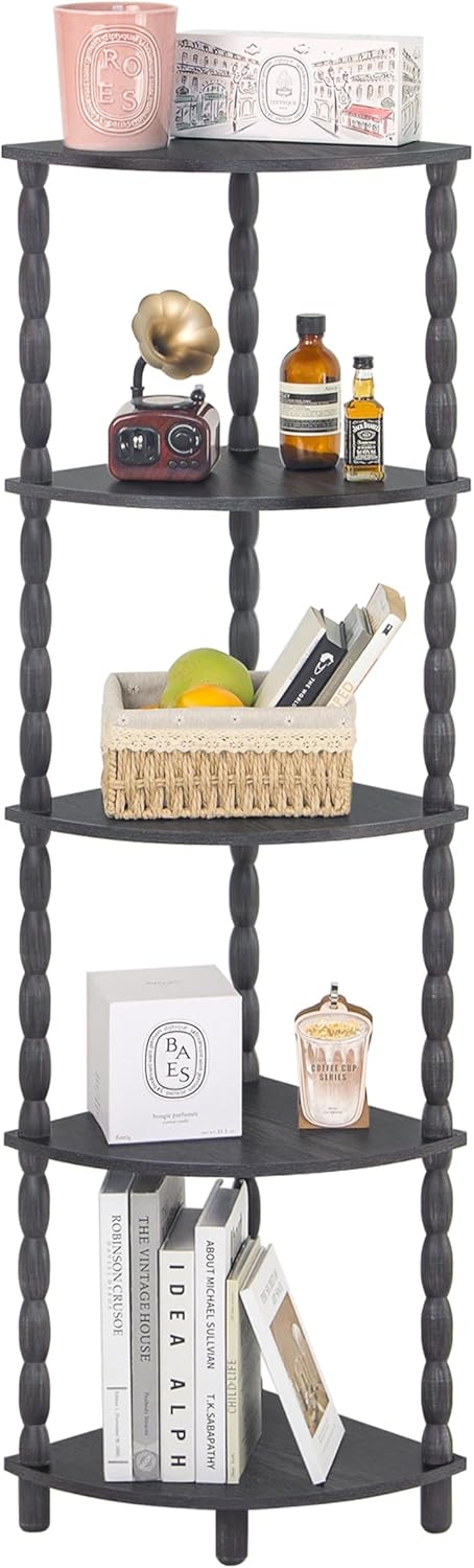 MaxSmeo Corner Shelf, 5-Tier Corner Bookshelf, Stylish Corner Storage Display Shelves for Bedroom, Bathroom, Kitchen, Living Room (Charcoal Gray)