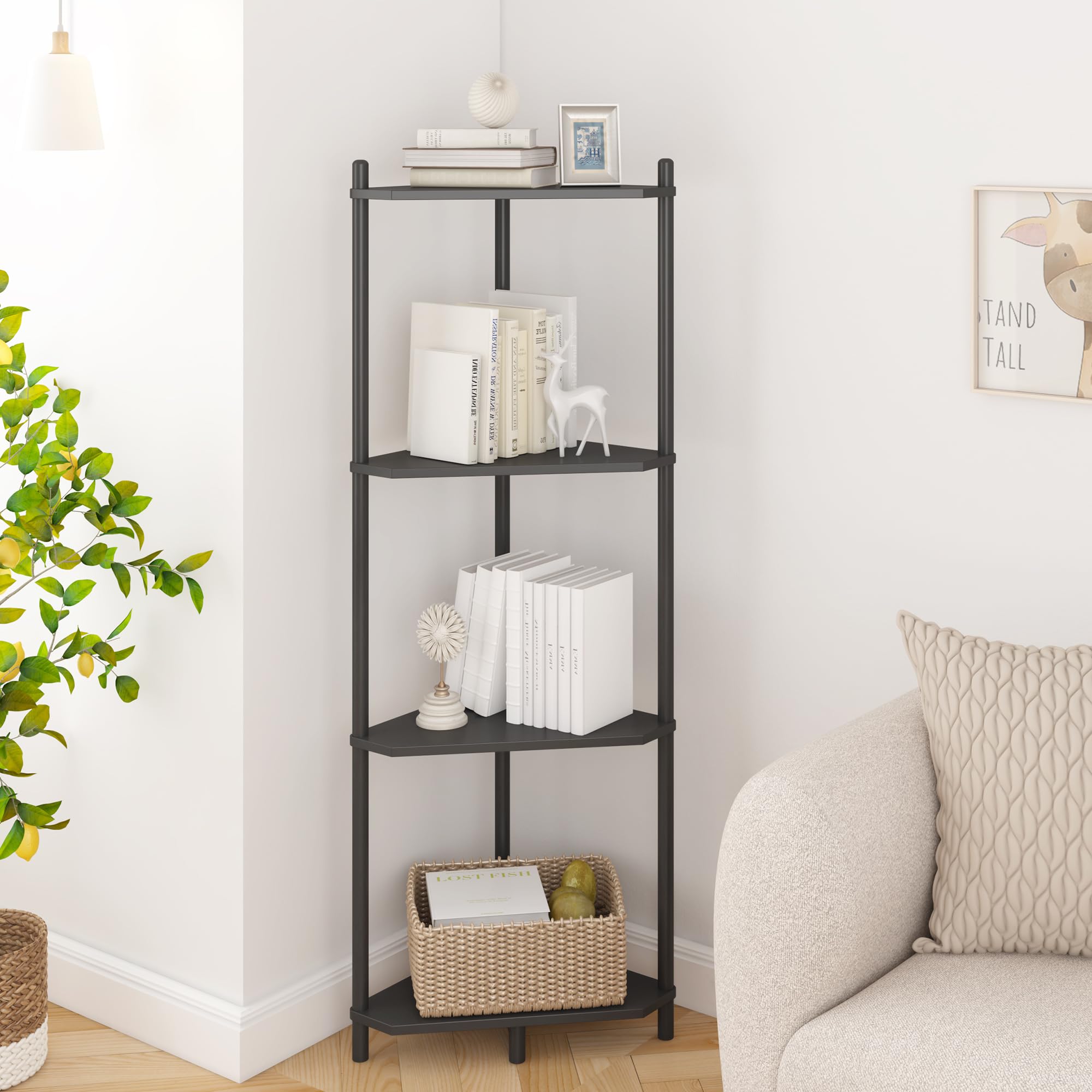 Wisuce Corner Shelf Stand - 5 Tier Natural Bamboo Small Corner Bookshelf for Office Kitchen Bedroom Plant Stand Living Room Decor Small Space