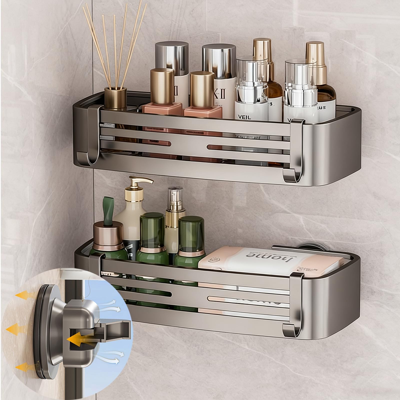 Corner Shower Caddy Suction Cup,Shower Shelves with Hooks,No Drilling Powerful Suction Bathroom Organizers and Storage,Removable Waterproof Rustproof Shower Bathroom Accessories Decor(Grey 3Pack)