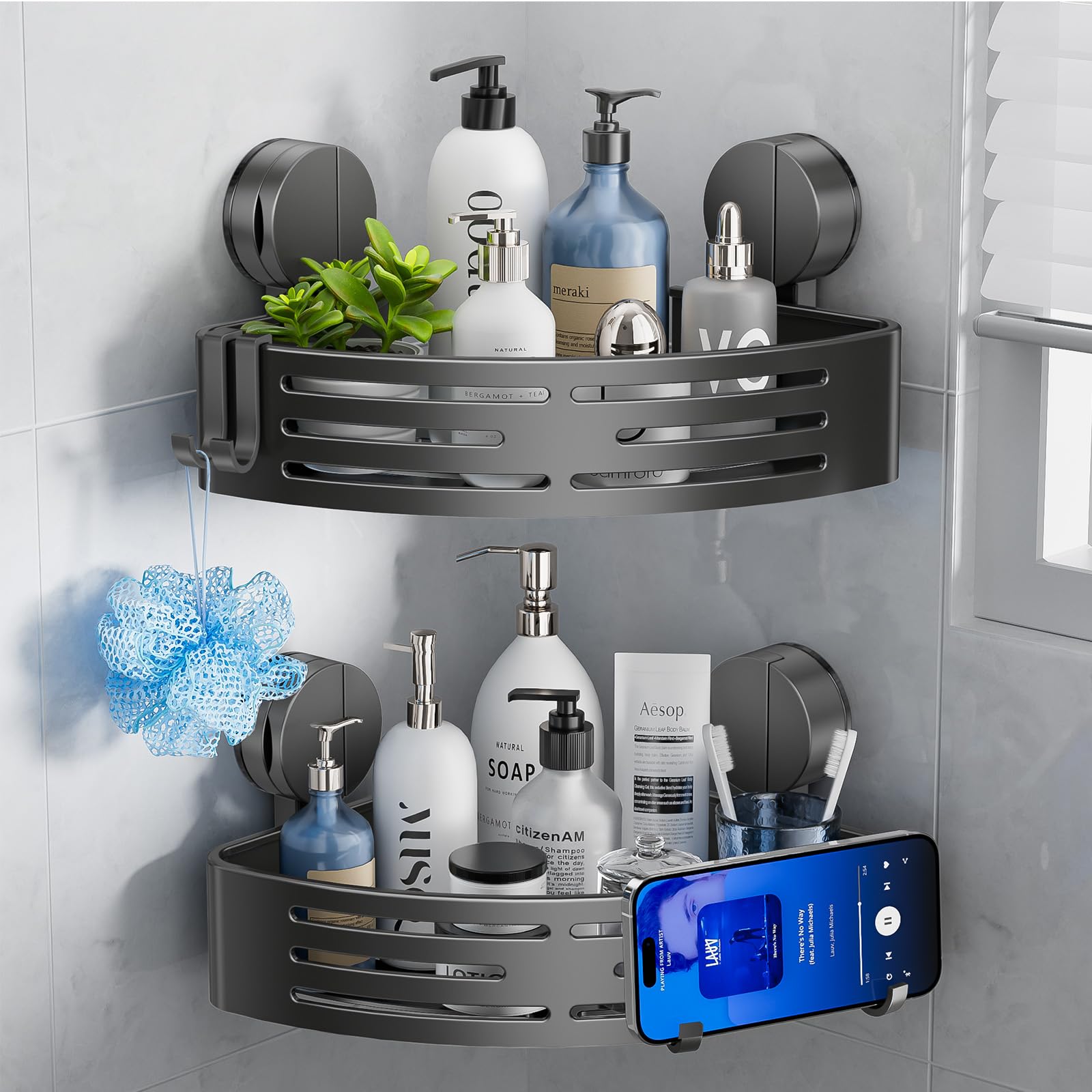Shower Caddy Corner,Suction Cup Shower Caddy with Hooks,No Drilling Rustproof Aluminum Bathroom Organizers and Storage,Shelves for Bathroom Accessories Decor (3)