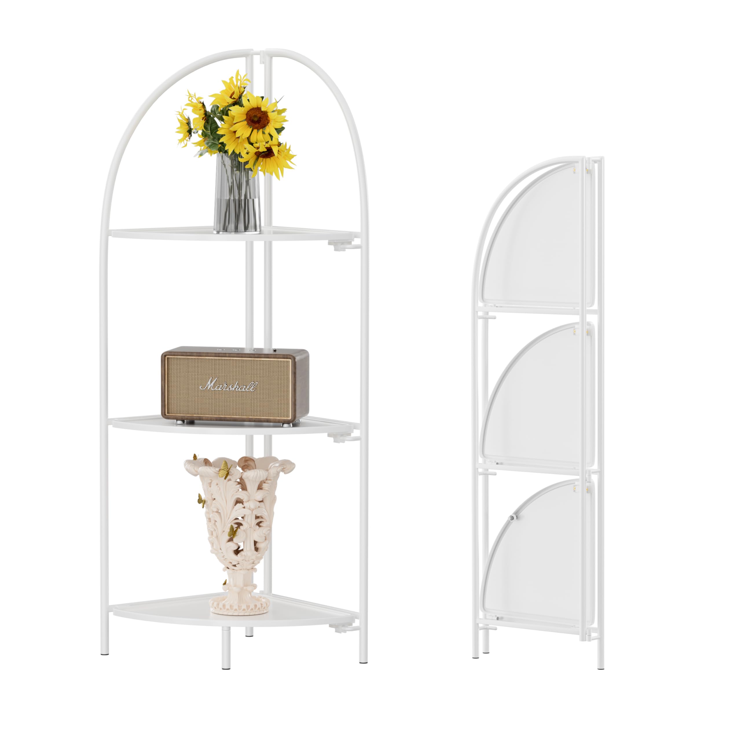 Crofy Foldable 3 Tier Corner Shelf, Metal Corner Plant Stand with White Frame and Transparent Shelves, Corner Display Rack Multipurpose Shelving Unit for Living Room, Bedroom, Bathroom