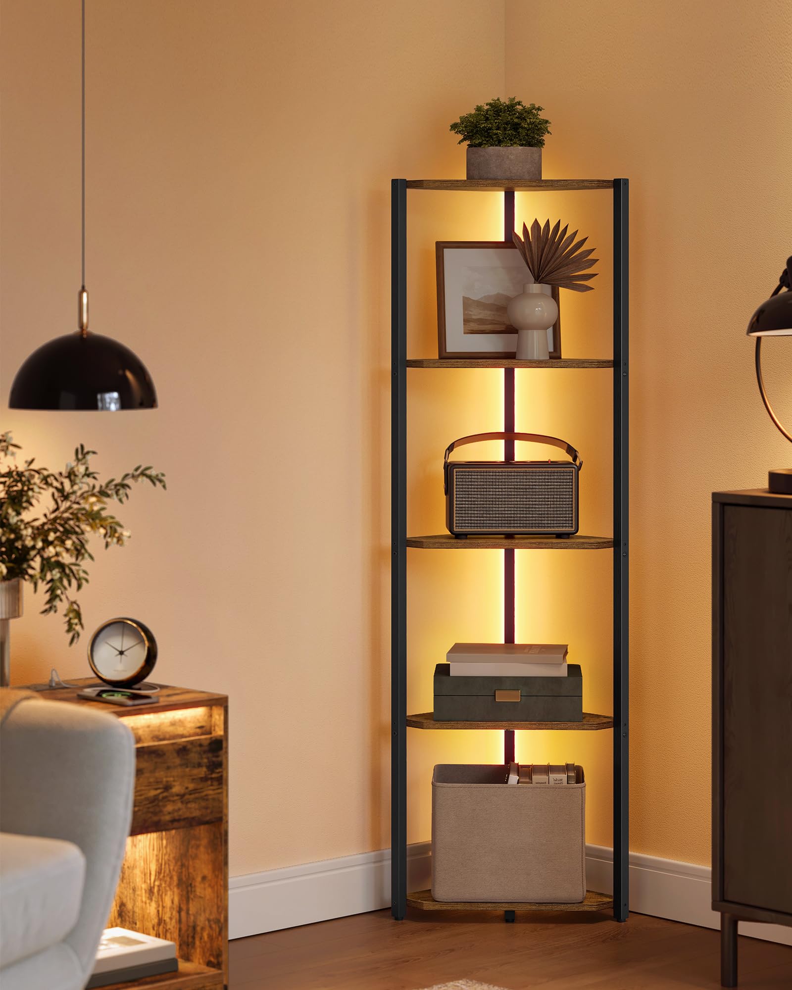 VASAGLE Corner Shelf with Storage, 5-Tier Corner Storage Cabinet, for Living Room, Bedroom, Kitchen, Bathroom, Ebony Black and Ink Black ULBC580B01