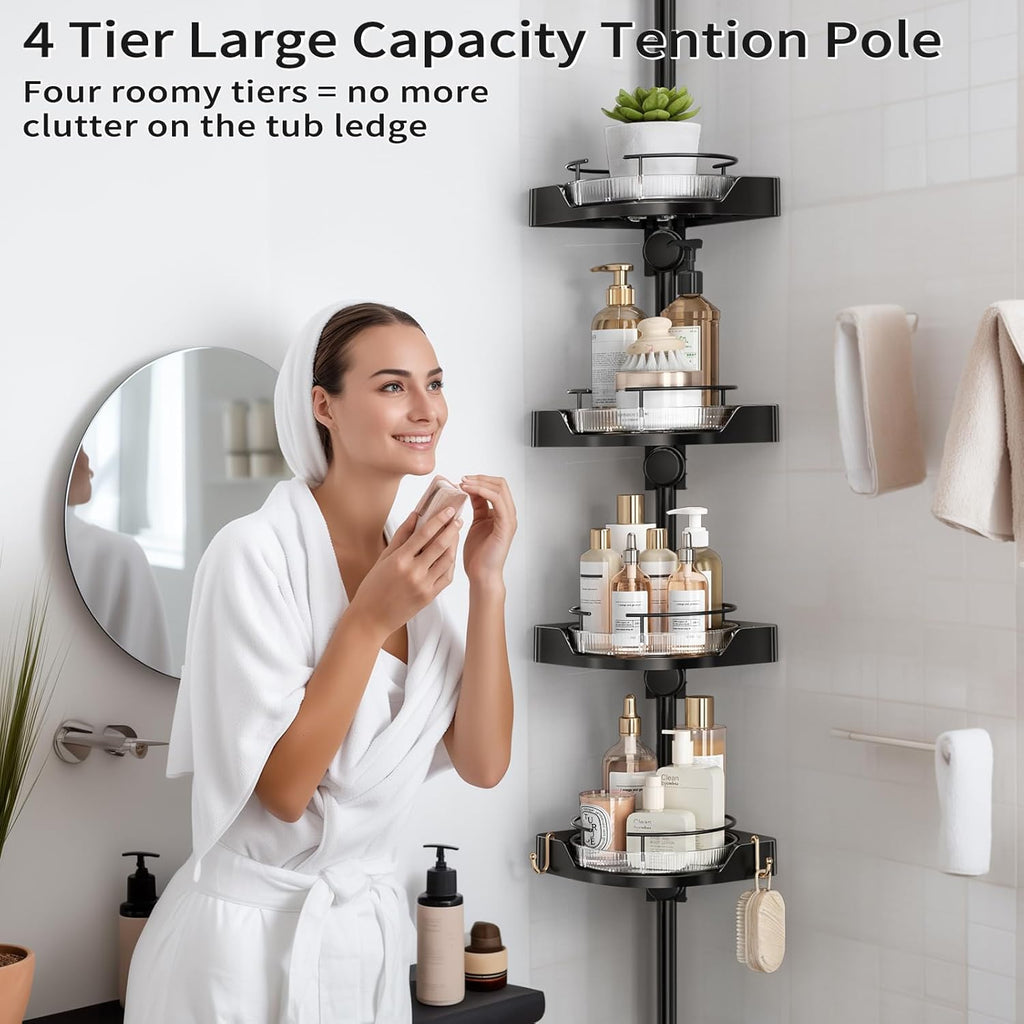 shuang qing 360° Rotating Corner Shower Caddy Tension Pole Organizer - 4-Tier Adjustable Rustproof Metal Pole, Plastic Shelves with Safety Guardrail, Bathroom Storage for Shower & Bathtub(Black)