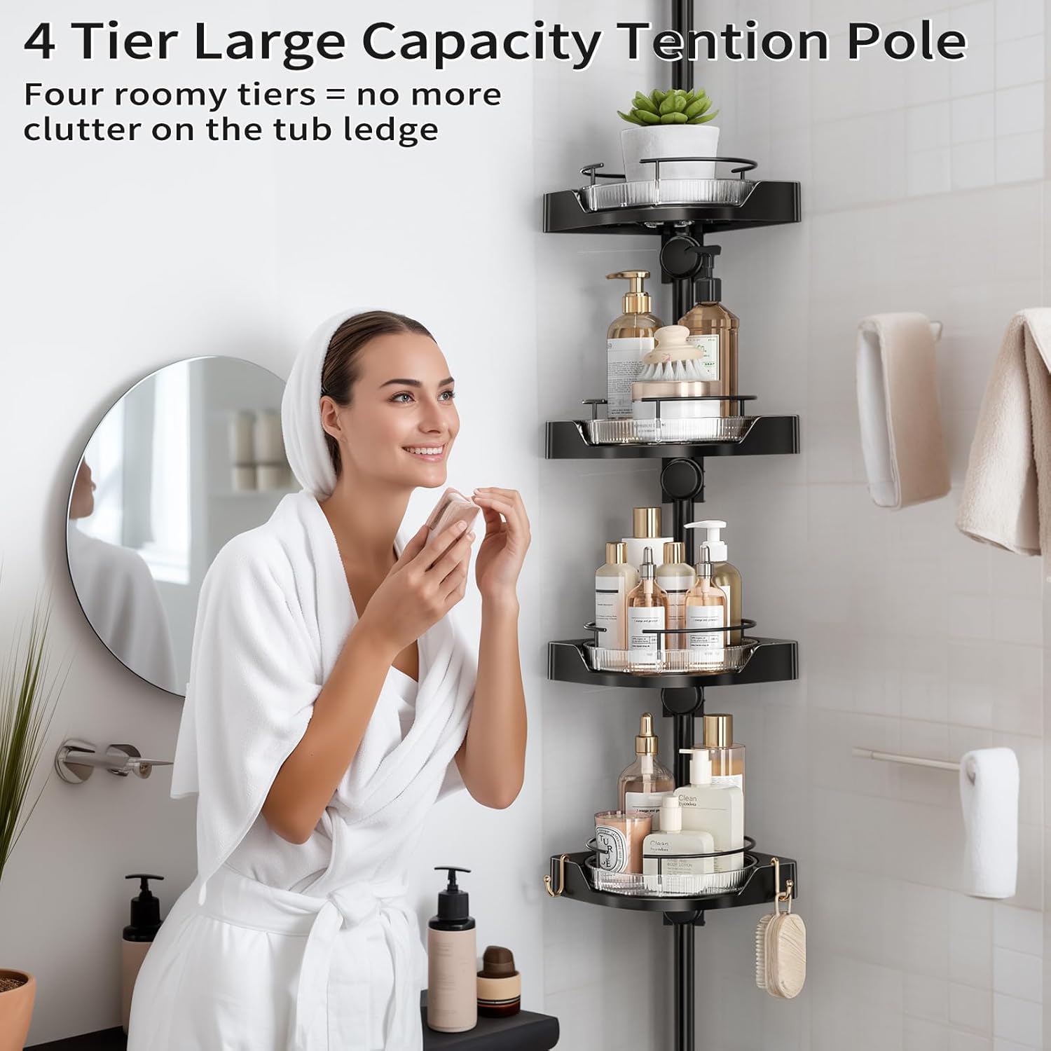 shuang qing 360° Rotating Corner Shower Caddy Tension Pole Organizer - 4-Tier Adjustable Rustproof Metal Pole, Plastic Shelves with Safety Guardrail, Bathroom Storage for Shower & Bathtub(Black)