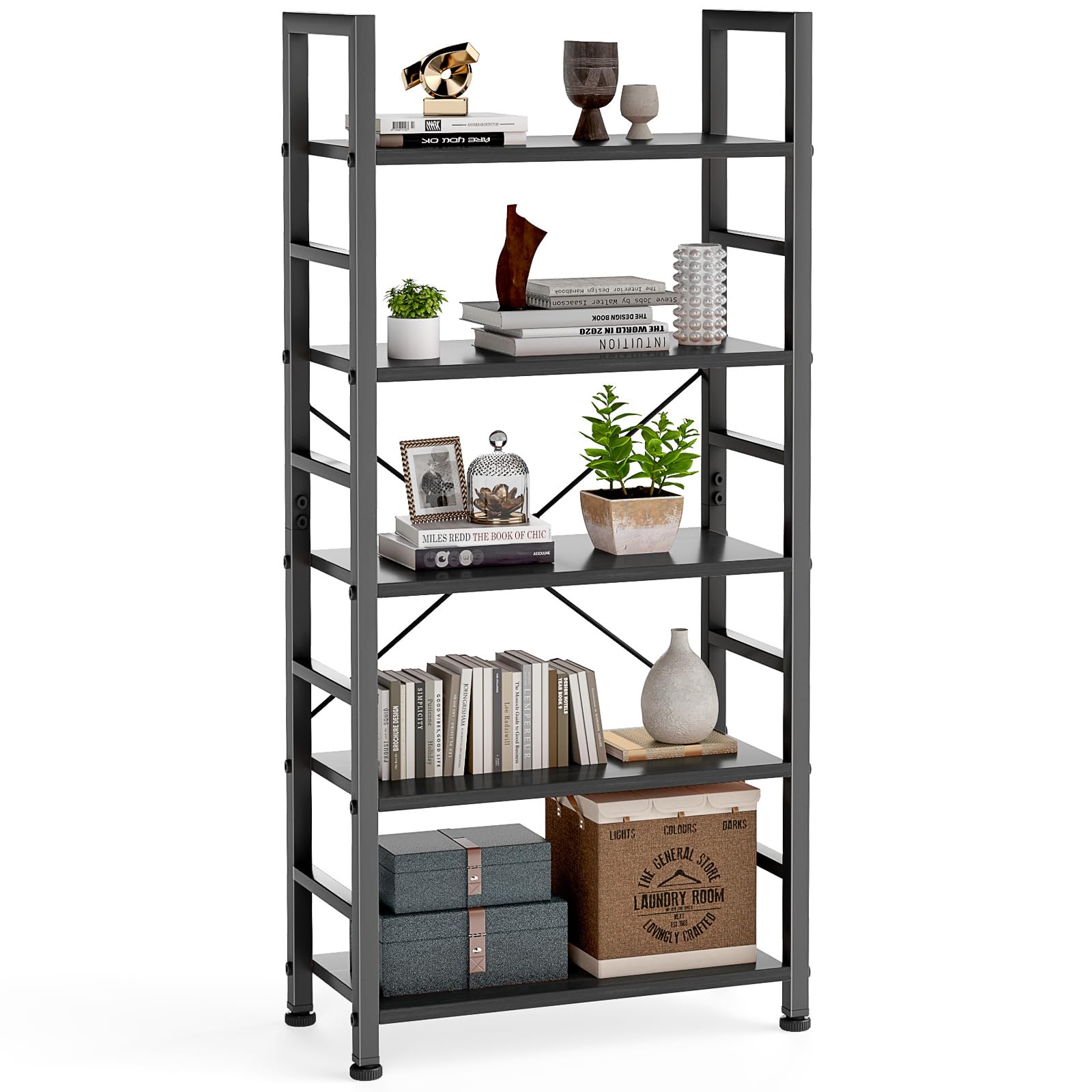 DUMOS 65 inch L Shaped Bookshelf, 5 Tier Corner Bookcase with Hooks and Edge, Industrial Pantry Shelves with Metal Frame, Wooden Open Storage for Living Room, Home Office, Bedroom, Rustic Brown