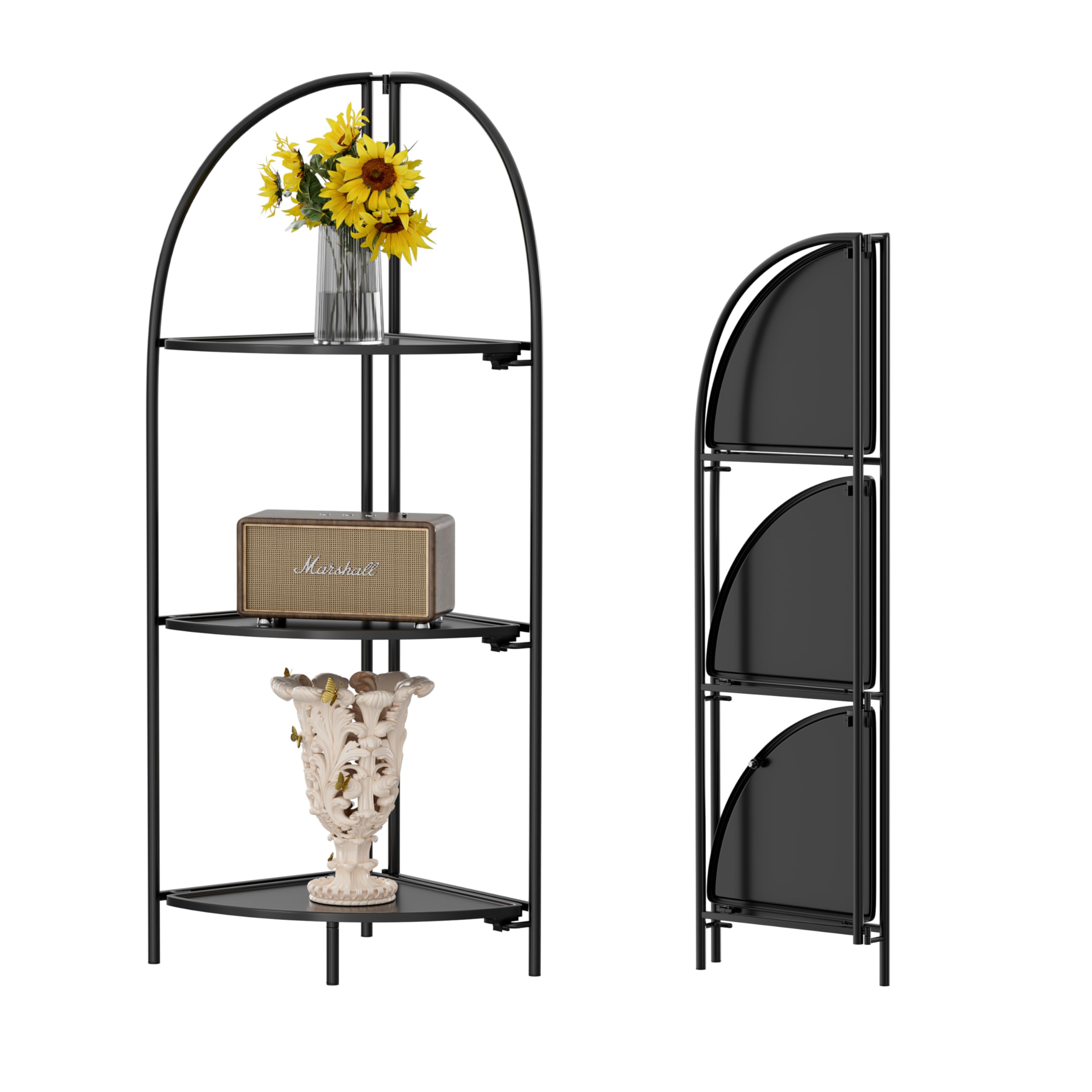 Crofy Foldable 3 Tier Corner Shelf, Metal Corner Plant Stand with White Frame and Transparent Shelves, Corner Display Rack Multipurpose Shelving Unit for Living Room, Bedroom, Bathroom