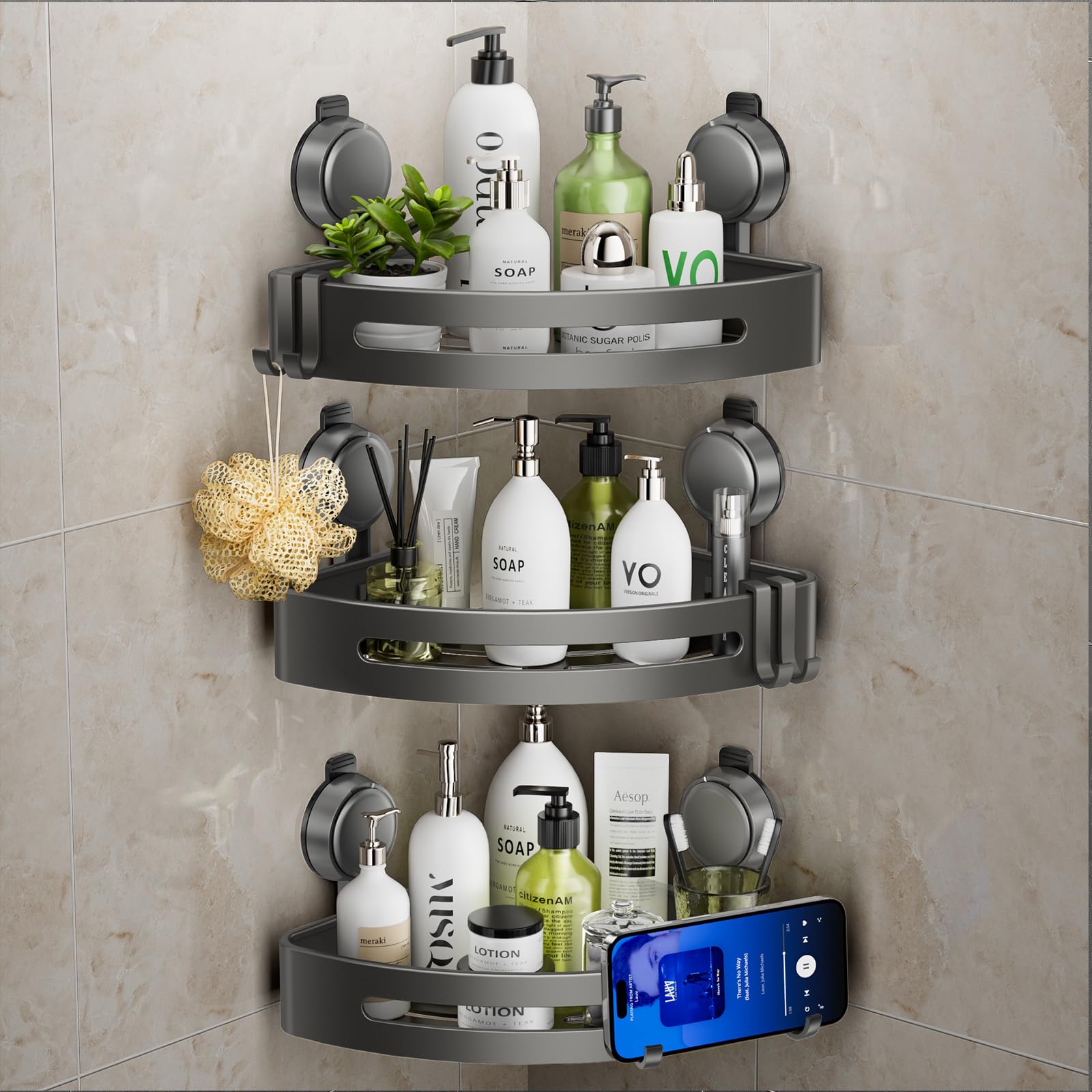 Shower Caddy Corner,Suction Cup Shower Caddy with Hooks,No Drilling Rustproof Aluminum Bathroom Organizers and Storage,Shelves for Bathroom Accessories Decor (3)