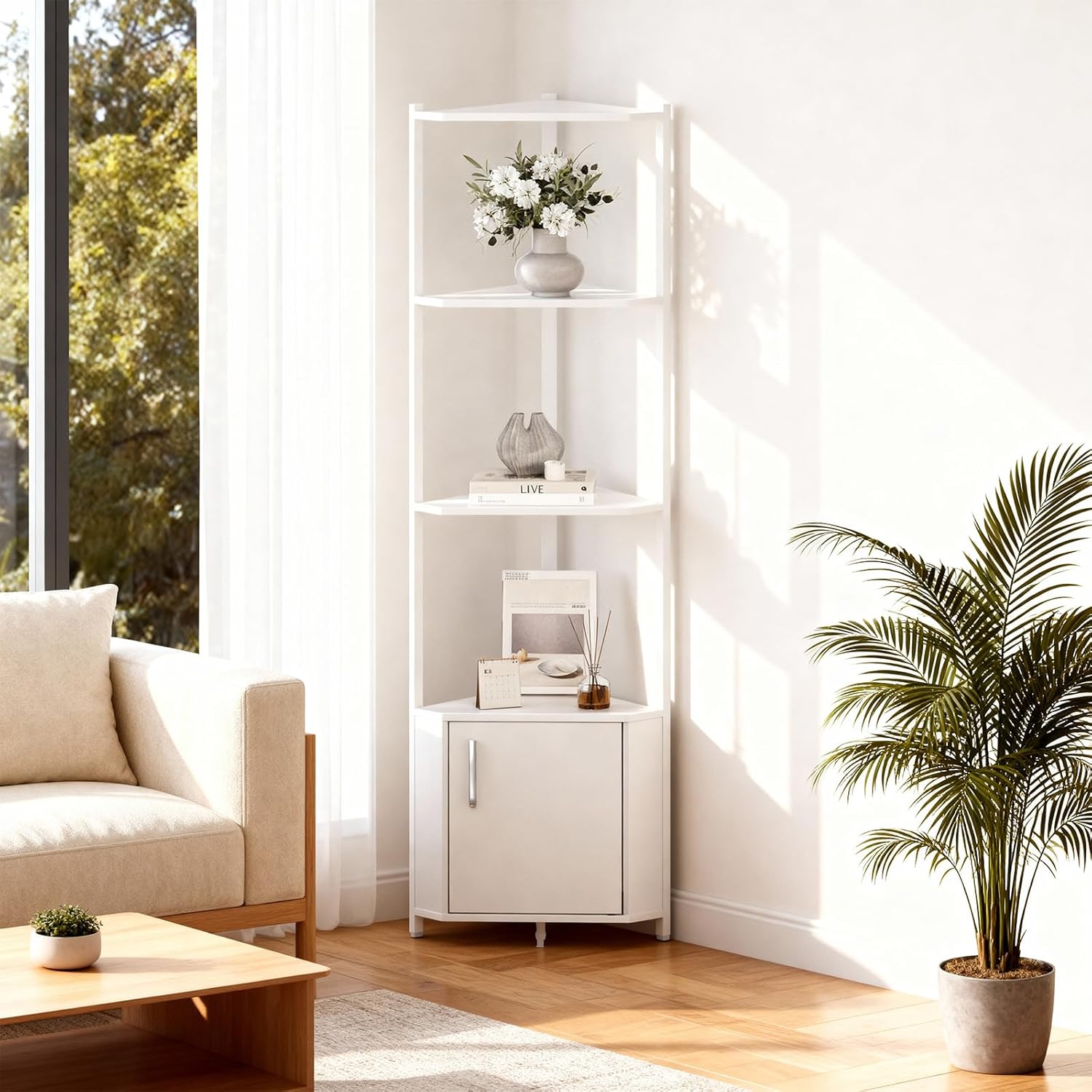 5-Tier Corner Shelf Stand, 58”Tall Metal Frame Narrow Bookshelf with Storage Rack, Easy Assembly Display Shelf for Wall Corner, Bedroom, Living Room, White