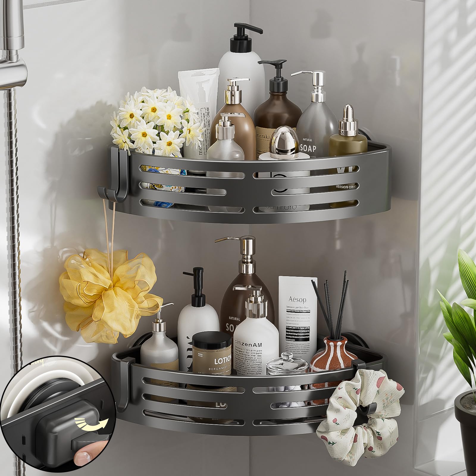 Corner Shower Caddy Suction Cup,Shower Shelves with Hooks,No Drilling Powerful Suction Bathroom Organizers and Storage,Removable Waterproof Rustproof Shower Bathroom Accessories Decor(Grey 3Pack)