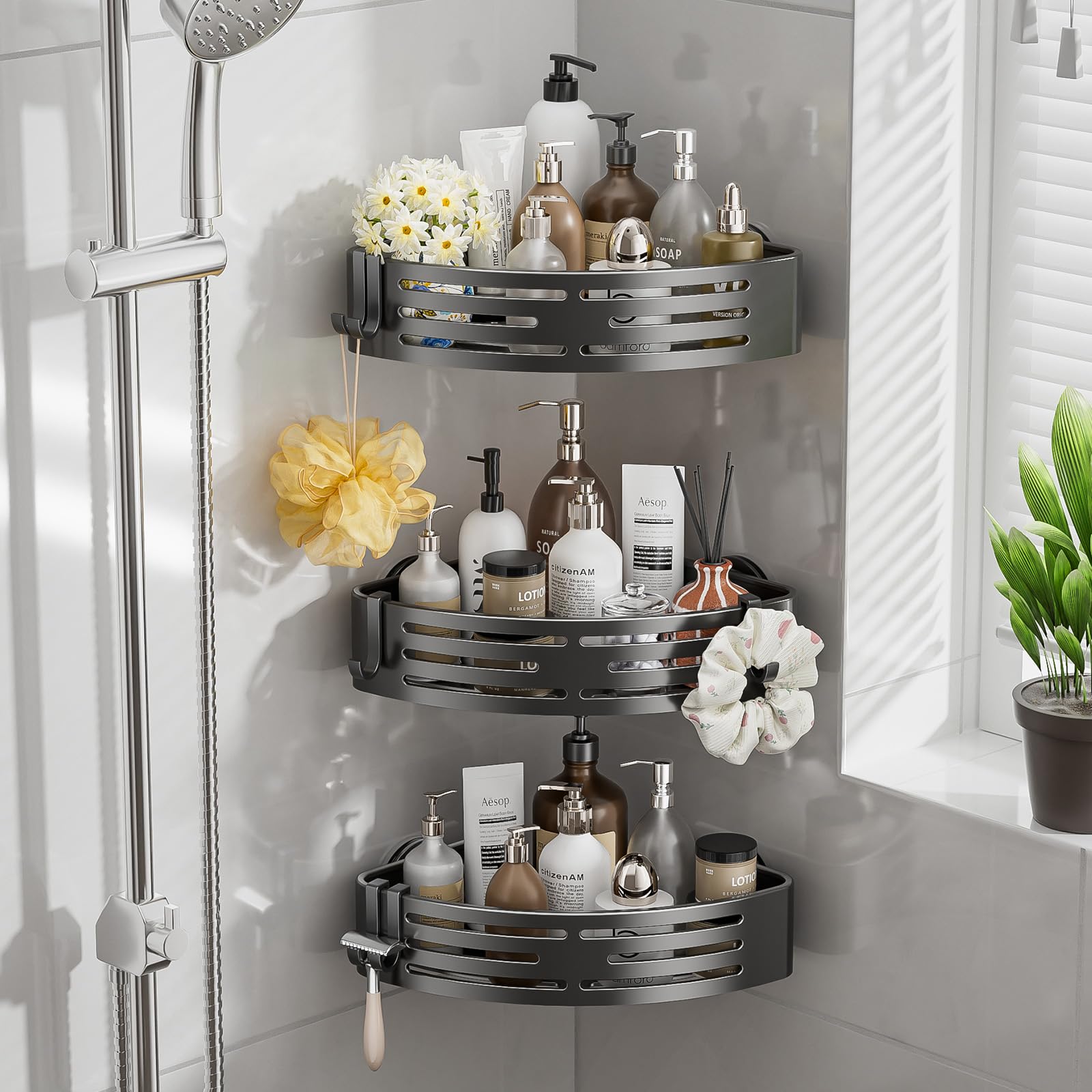 Corner Shower Caddy Suction Cup,Shower Shelves with Hooks,No Drilling Powerful Suction Bathroom Organizers and Storage,Removable Waterproof Rustproof Shower Bathroom Accessories Decor(Grey 3Pack)