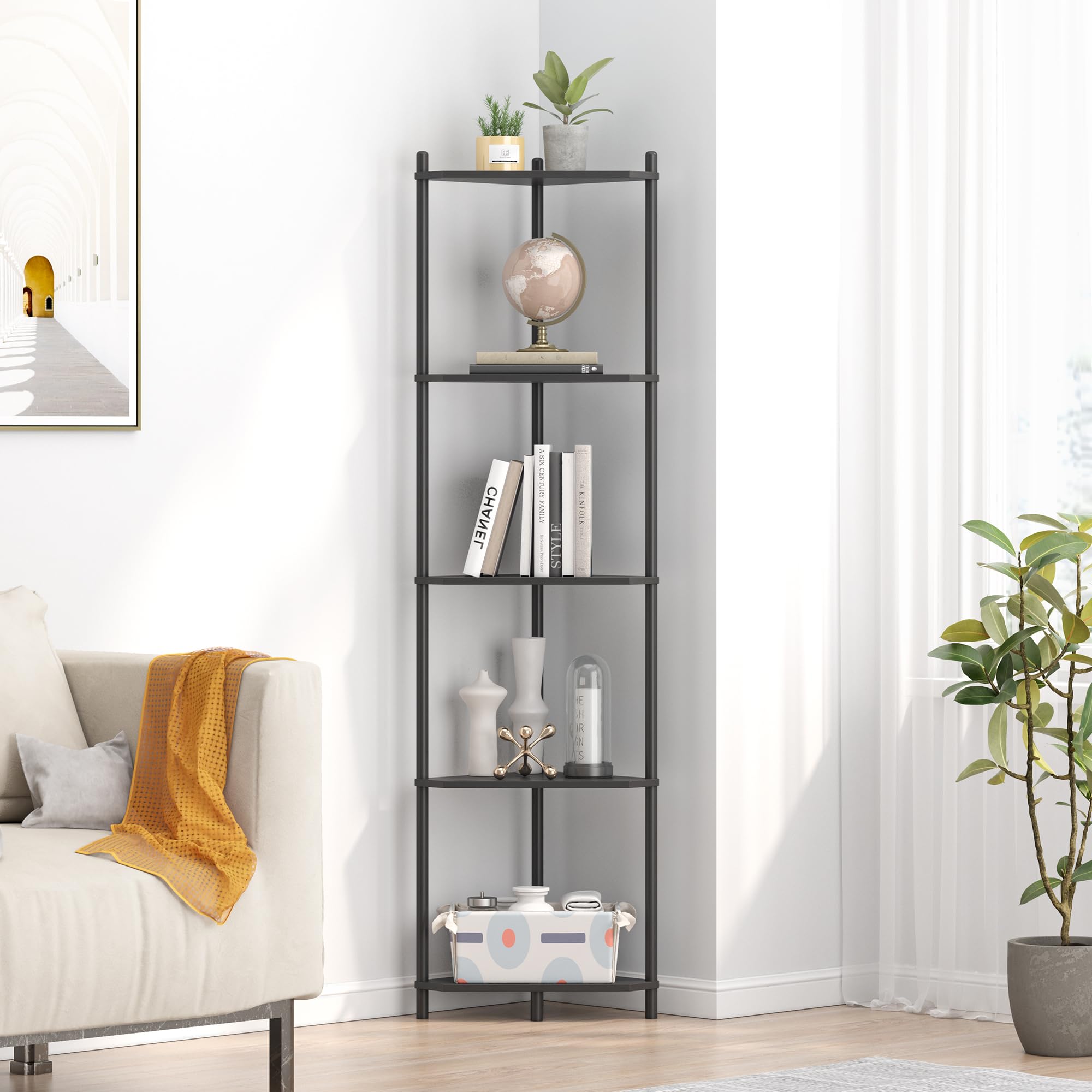 Wisuce Corner Shelf Stand - 5 Tier Natural Bamboo Small Corner Bookshelf for Office Kitchen Bedroom Plant Stand Living Room Decor Small Space