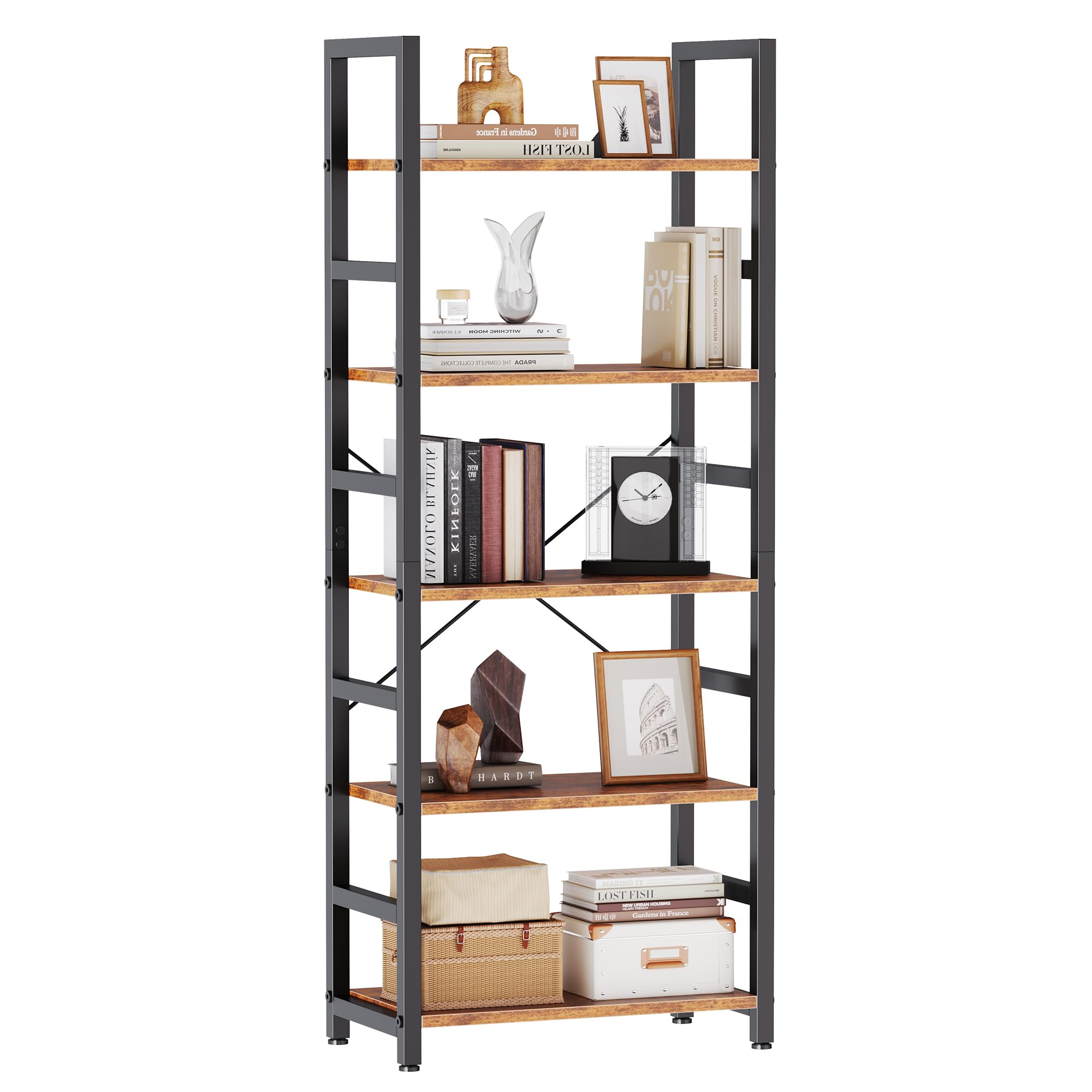 DUMOS 65 inch L Shaped Bookshelf, 5 Tier Corner Bookcase with Hooks and Edge, Industrial Pantry Shelves with Metal Frame, Wooden Open Storage for Living Room, Home Office, Bedroom, Rustic Brown