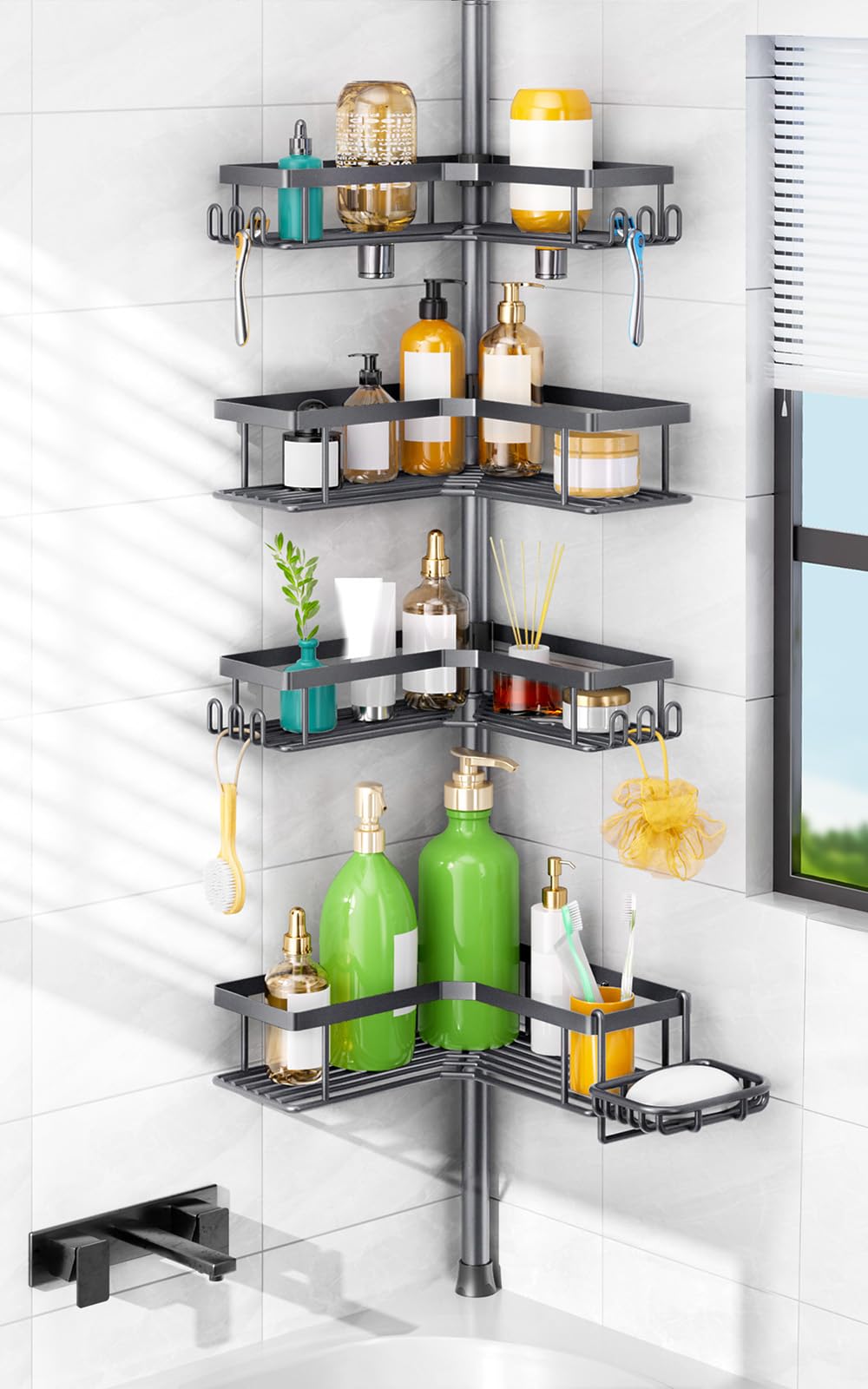 HAMITOR Shower Caddy Tension Pole: 4-Tier Corner Rustproof Bathroom Organizer with Soap Holder & Hooks - No-Drill Adjustable Shower Shelf for Renters - Family Stand Storage Rack - 47-123 Inch Black