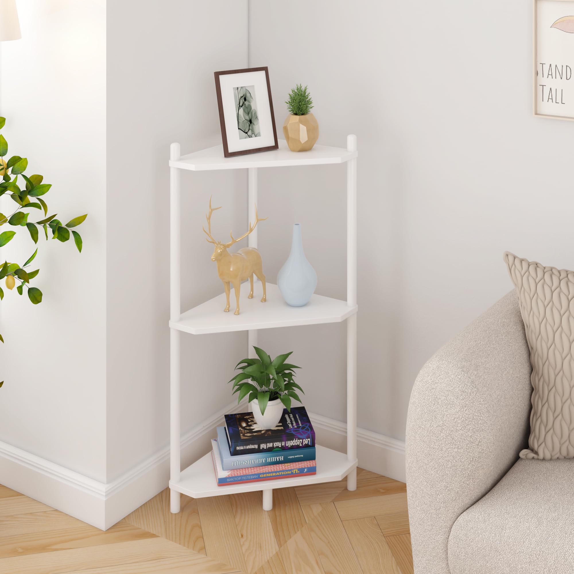Wisuce Corner Shelf Stand - 5 Tier Natural Bamboo Small Corner Bookshelf for Office Kitchen Bedroom Plant Stand Living Room Decor Small Space