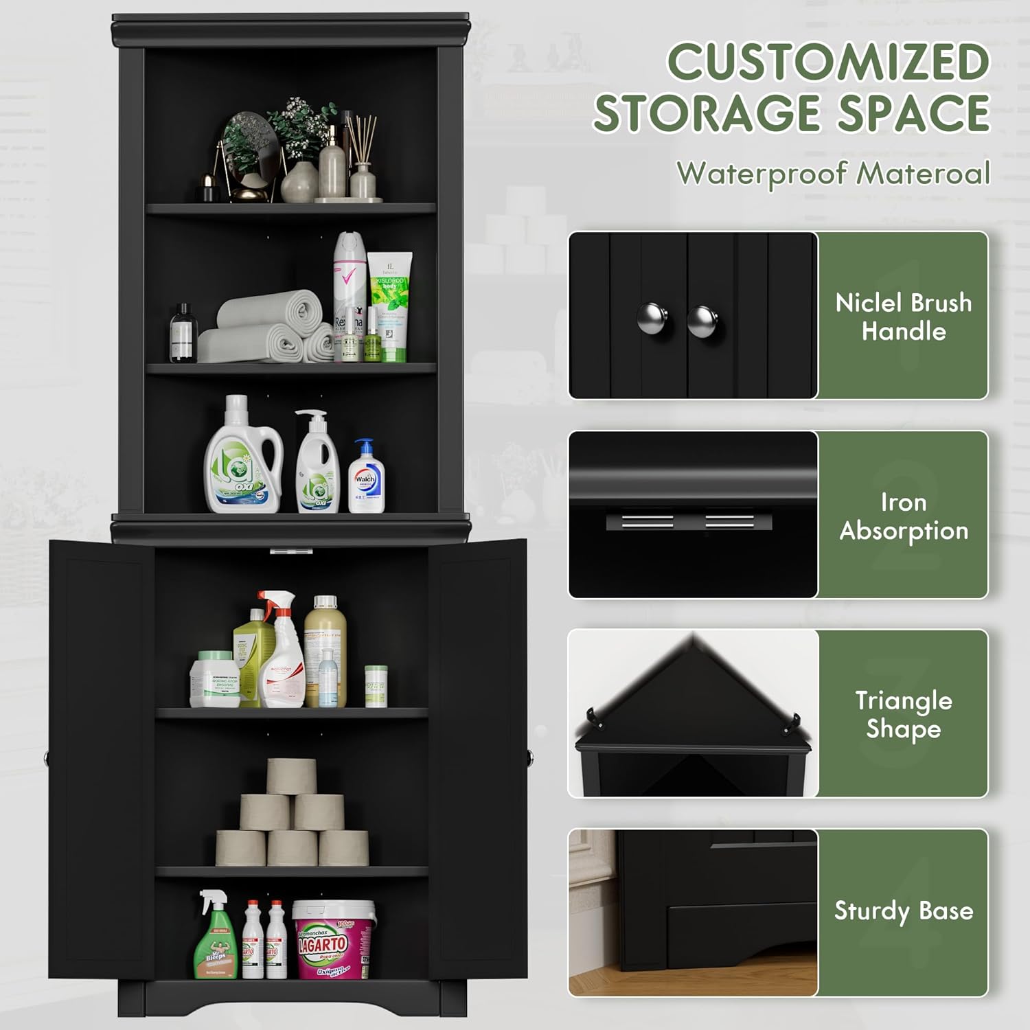 Flamaker Corner Cabinet, Freestanding Corner Shelf with 2 Doors and 3 Shelves, Bathroom Corner Storage Cabinet for Bathroom, Living Room, Bedroom or Kitchen (Black)