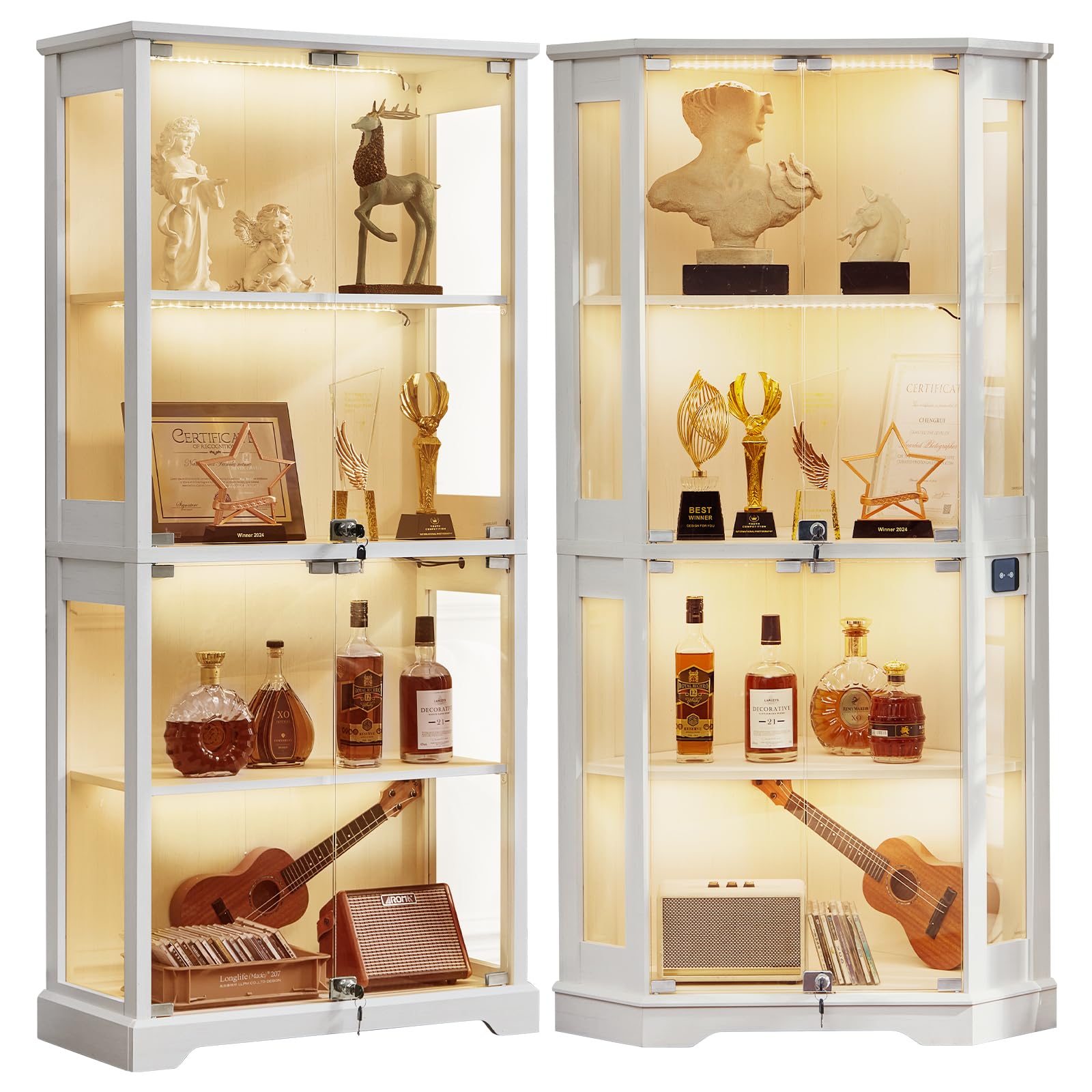 LELELINKY Farmhouse Corner Display Cabinet with Glass Doors, Corner Curio Cabinet with 3-Color LED Motion-Sensor Light, Walnut