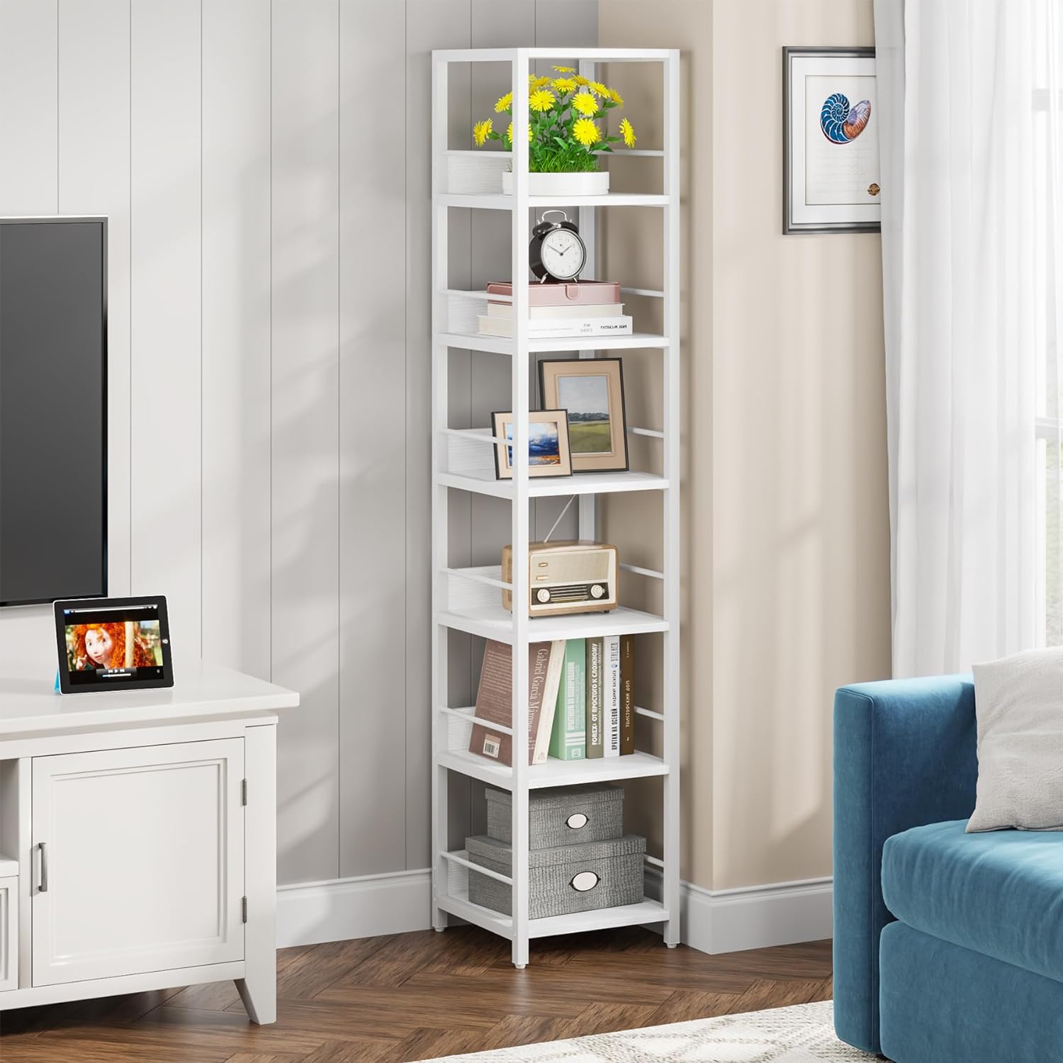Tribesigns 6-Tier Corner Shelf, 75 Inch Tall Narrow Bookshelf Storage Rack, Etagere Shelves Display Stand for Small Spaces, Rustic Open Bookcase Square Shelf Tower for Living Room Bathroom