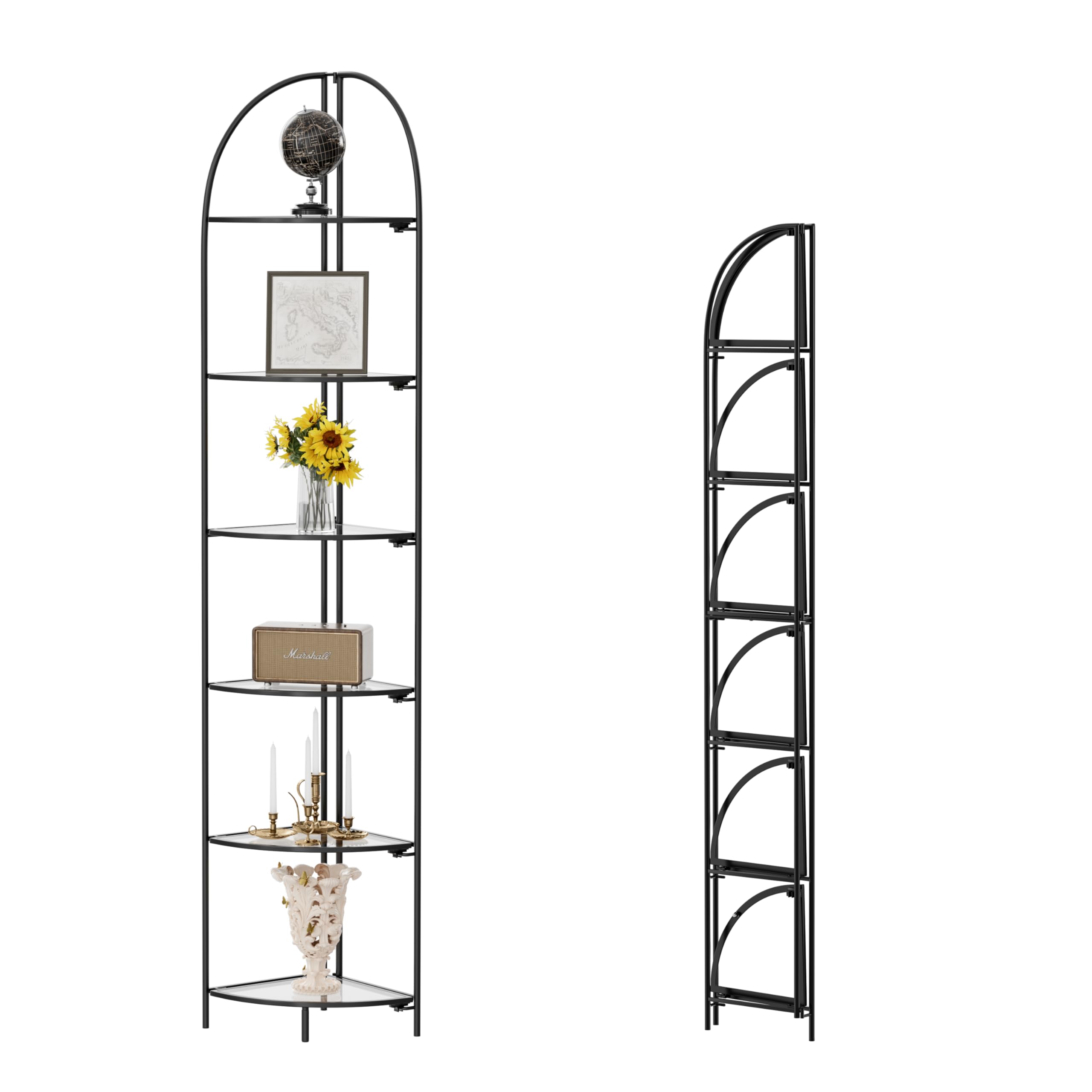 Crofy Foldable 3 Tier Corner Shelf, Metal Corner Plant Stand with White Frame and Transparent Shelves, Corner Display Rack Multipurpose Shelving Unit for Living Room, Bedroom, Bathroom