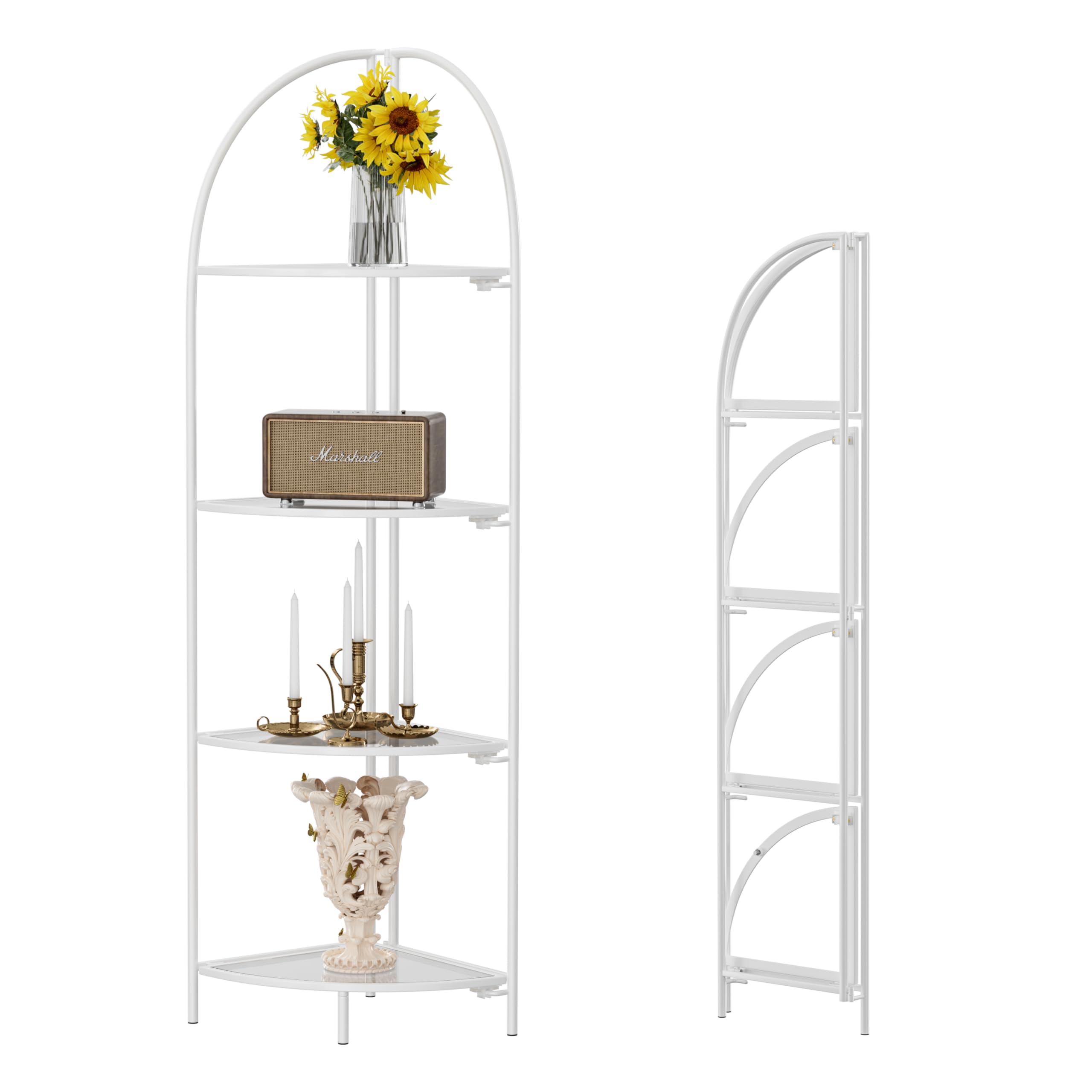 Crofy Foldable 3 Tier Corner Shelf, Metal Corner Plant Stand with White Frame and Transparent Shelves, Corner Display Rack Multipurpose Shelving Unit for Living Room, Bedroom, Bathroom
