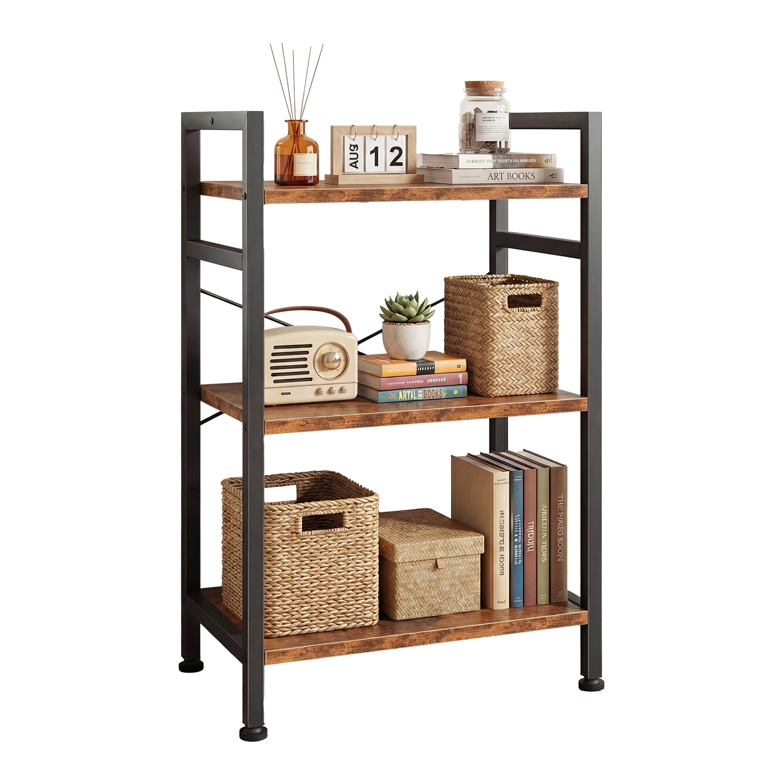 DUMOS 65 inch L Shaped Bookshelf, 5 Tier Corner Bookcase with Hooks and Edge, Industrial Pantry Shelves with Metal Frame, Wooden Open Storage for Living Room, Home Office, Bedroom, Rustic Brown