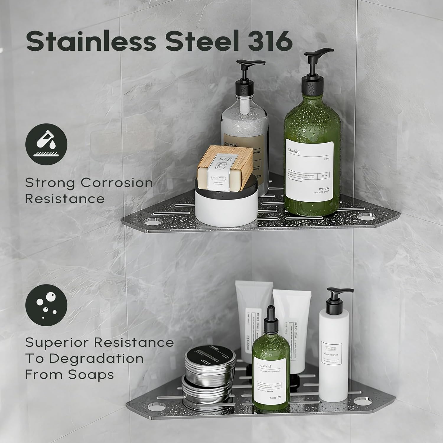 Corner Shelves 10 Inch, Rustproof 316 Stainless Steel, No Drilling Slot Design, Satin Brushed, Pentagonal Floating Bathroom Shelf for Tiled Wall, Corner Shower Caddy Organizer Rack