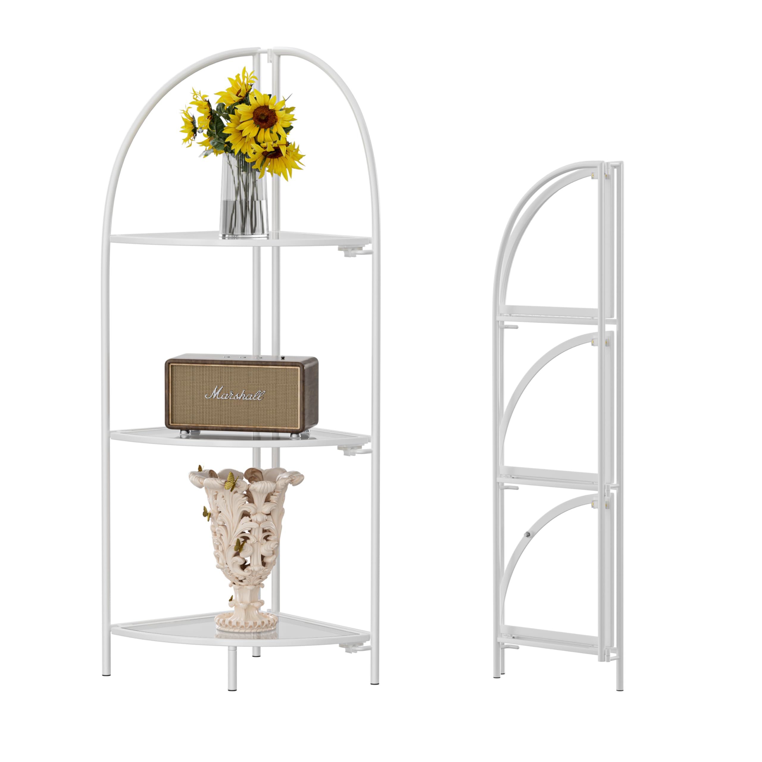 Crofy Foldable 3 Tier Corner Shelf, Metal Corner Plant Stand with White Frame and Transparent Shelves, Corner Display Rack Multipurpose Shelving Unit for Living Room, Bedroom, Bathroom