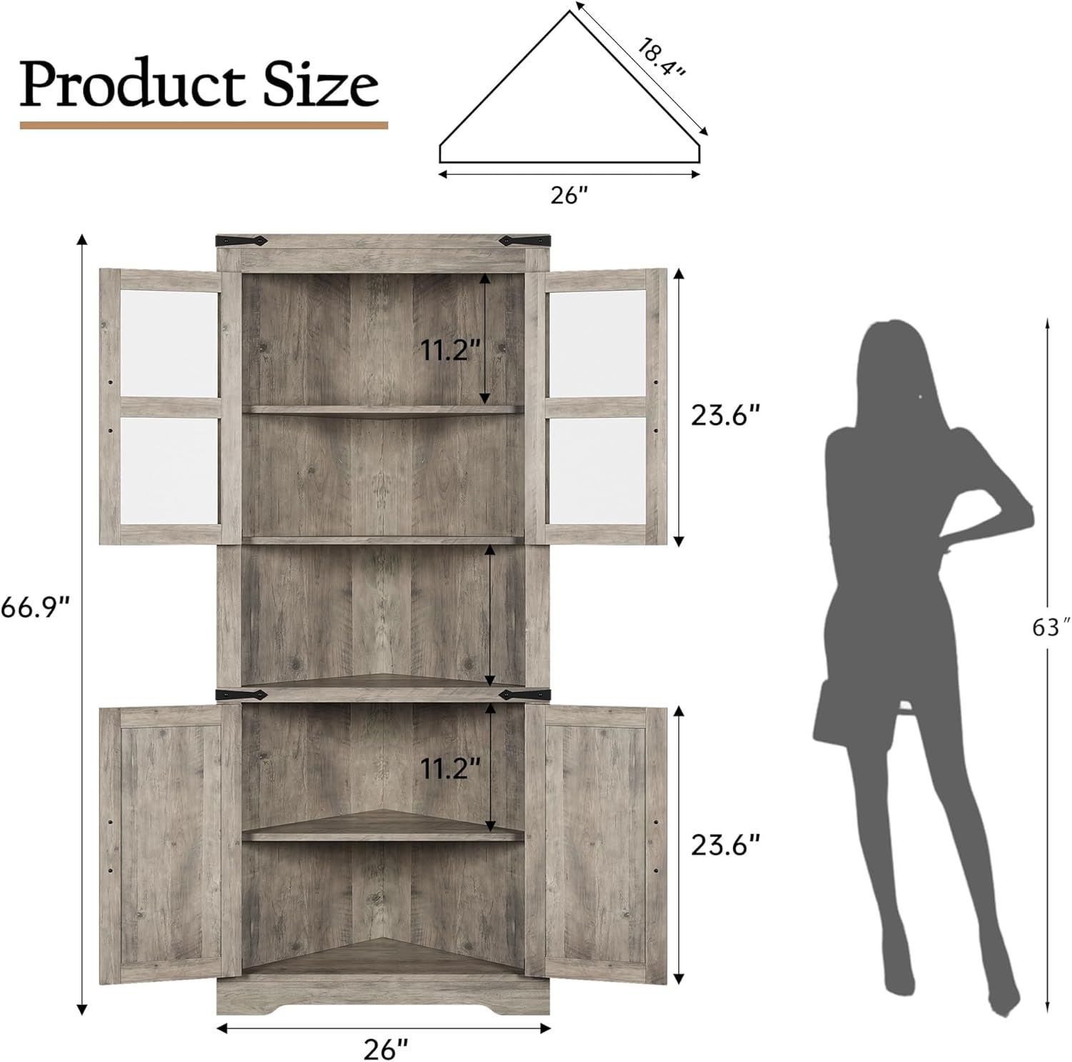 GarveeHome Tall Corner Cabinet, Farmhouse Corner Storage Cabinet with Glass Door & Adjustable Shelves, Space Saving Storage for Living Room, Kitchen, Bathroom, Washed Grey