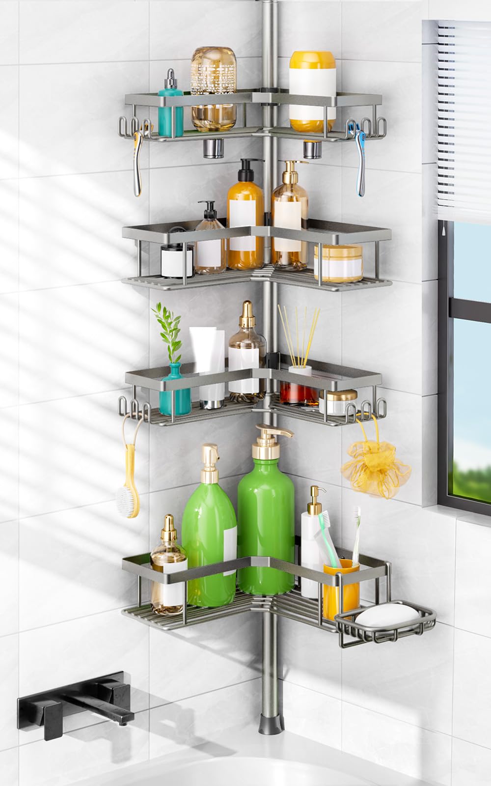 HAMITOR Shower Caddy Tension Pole: 4-Tier Corner Rustproof Bathroom Organizer with Soap Holder & Hooks - No-Drill Adjustable Shower Shelf for Renters - Family Stand Storage Rack - 47-123 Inch Black