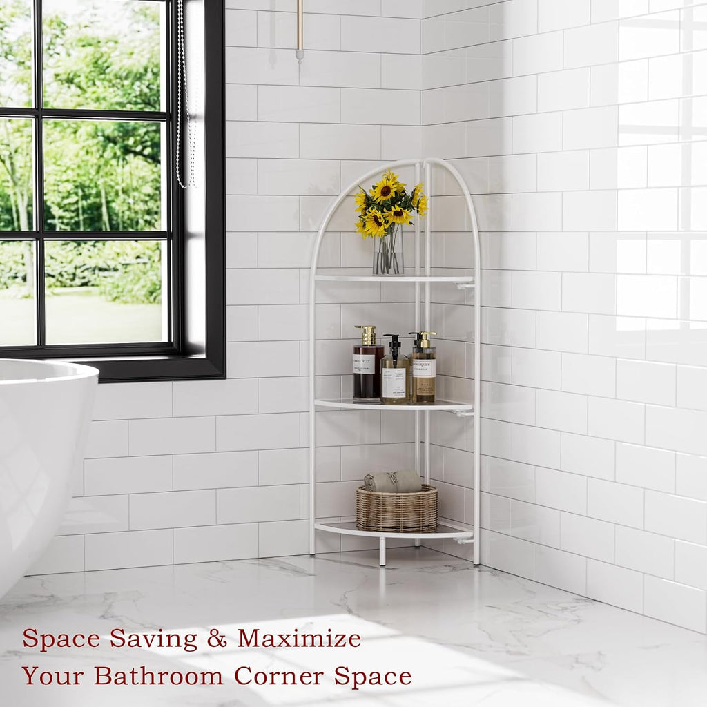 Crofy Foldable 3 Tier Corner Shelf, Metal Corner Plant Stand with White Frame and Transparent Shelves, Corner Display Rack Multipurpose Shelving Unit for Living Room, Bedroom, Bathroom