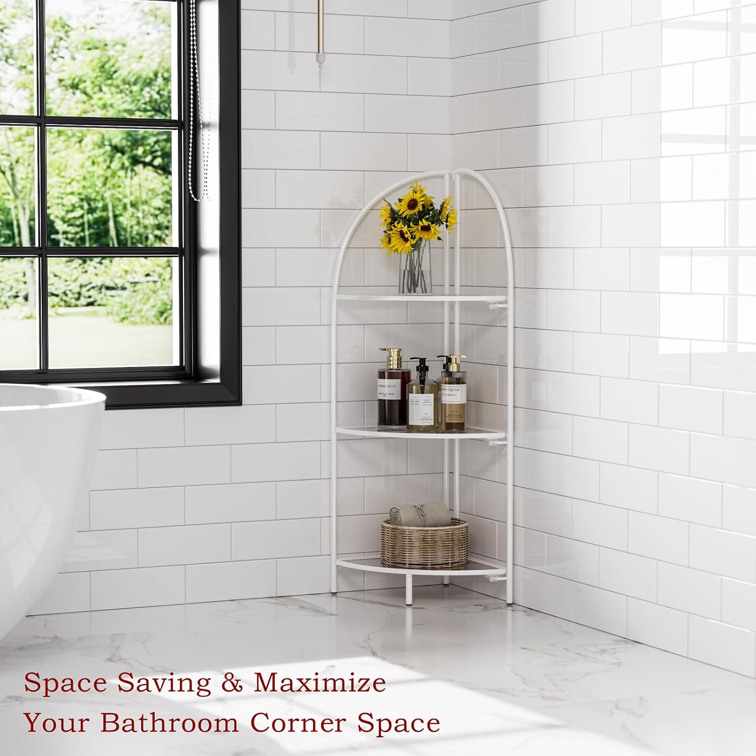 Crofy Foldable 3 Tier Corner Shelf, Metal Corner Plant Stand with White Frame and Transparent Shelves, Corner Display Rack Multipurpose Shelving Unit for Living Room, Bedroom, Bathroom
