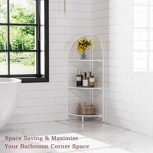 Crofy Foldable 3 Tier Corner Shelf, Metal Corner Plant Stand with White Frame and Transparent Shelves, Corner Display Rack Multipurpose Shelving Unit for Living Room, Bedroom, Bathroom