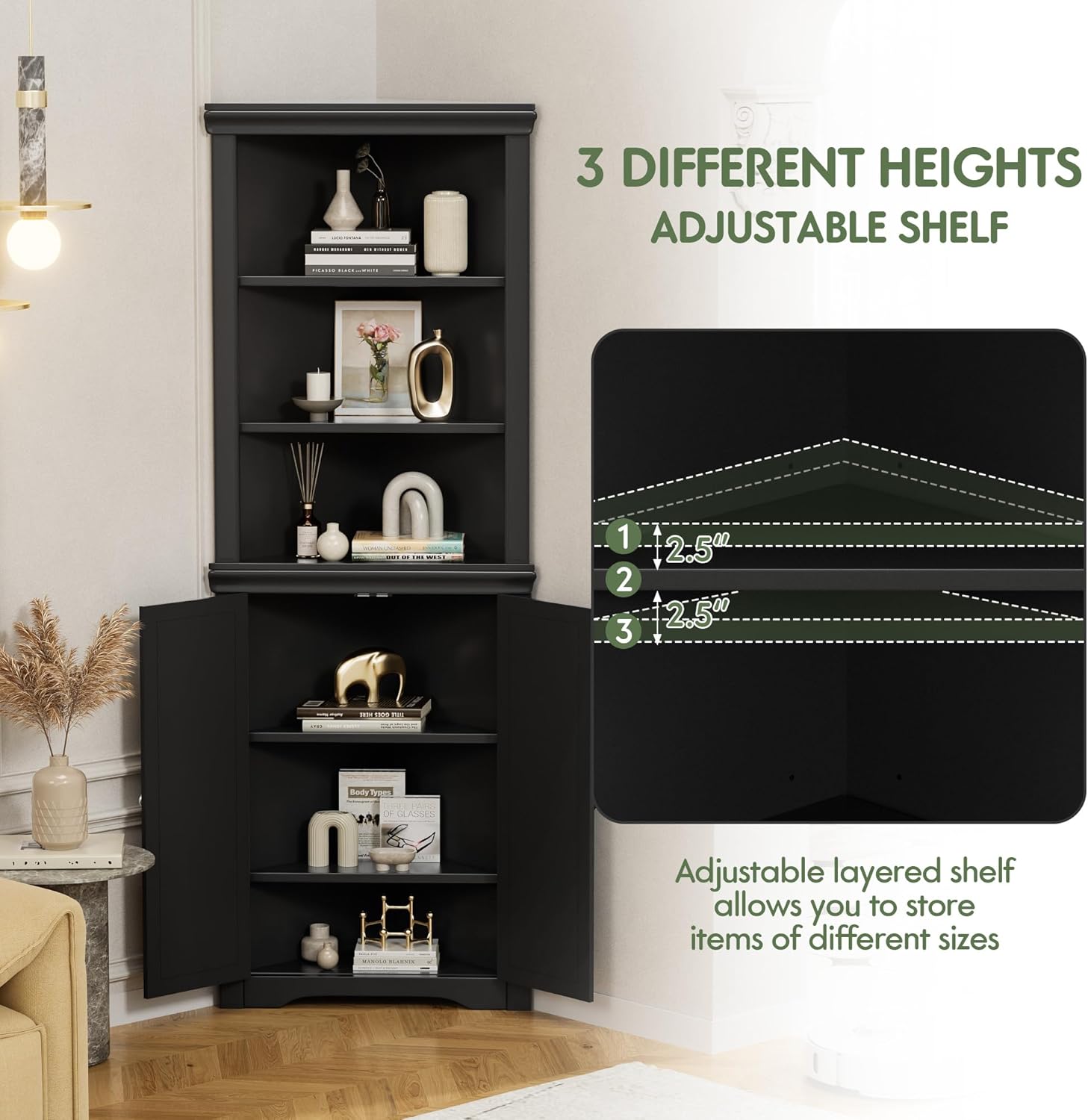 Flamaker Corner Cabinet, Freestanding Corner Shelf with 2 Doors and 3 Shelves, Bathroom Corner Storage Cabinet for Bathroom, Living Room, Bedroom or Kitchen (Black)