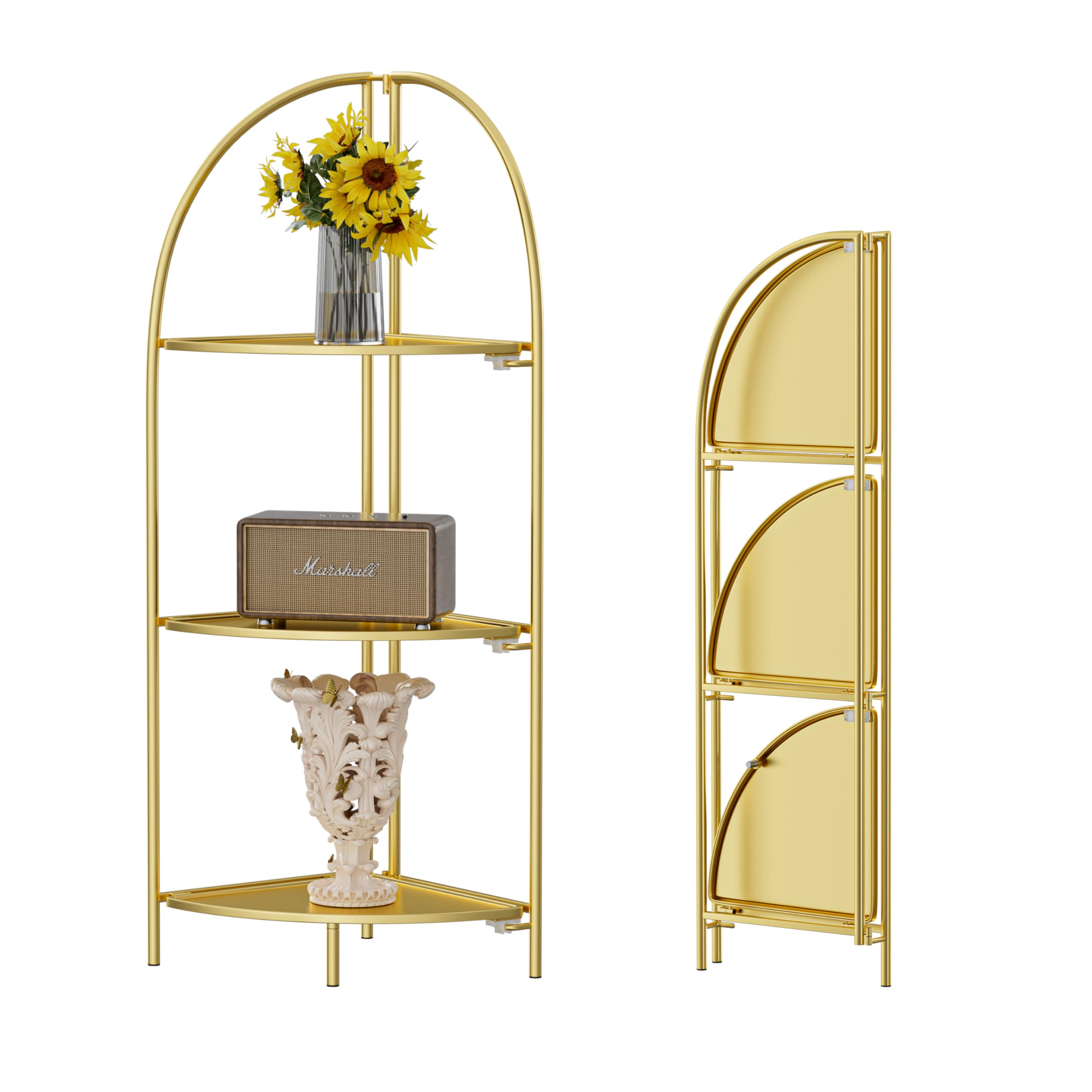 Crofy Foldable 3 Tier Corner Shelf, Metal Corner Plant Stand with White Frame and Transparent Shelves, Corner Display Rack Multipurpose Shelving Unit for Living Room, Bedroom, Bathroom