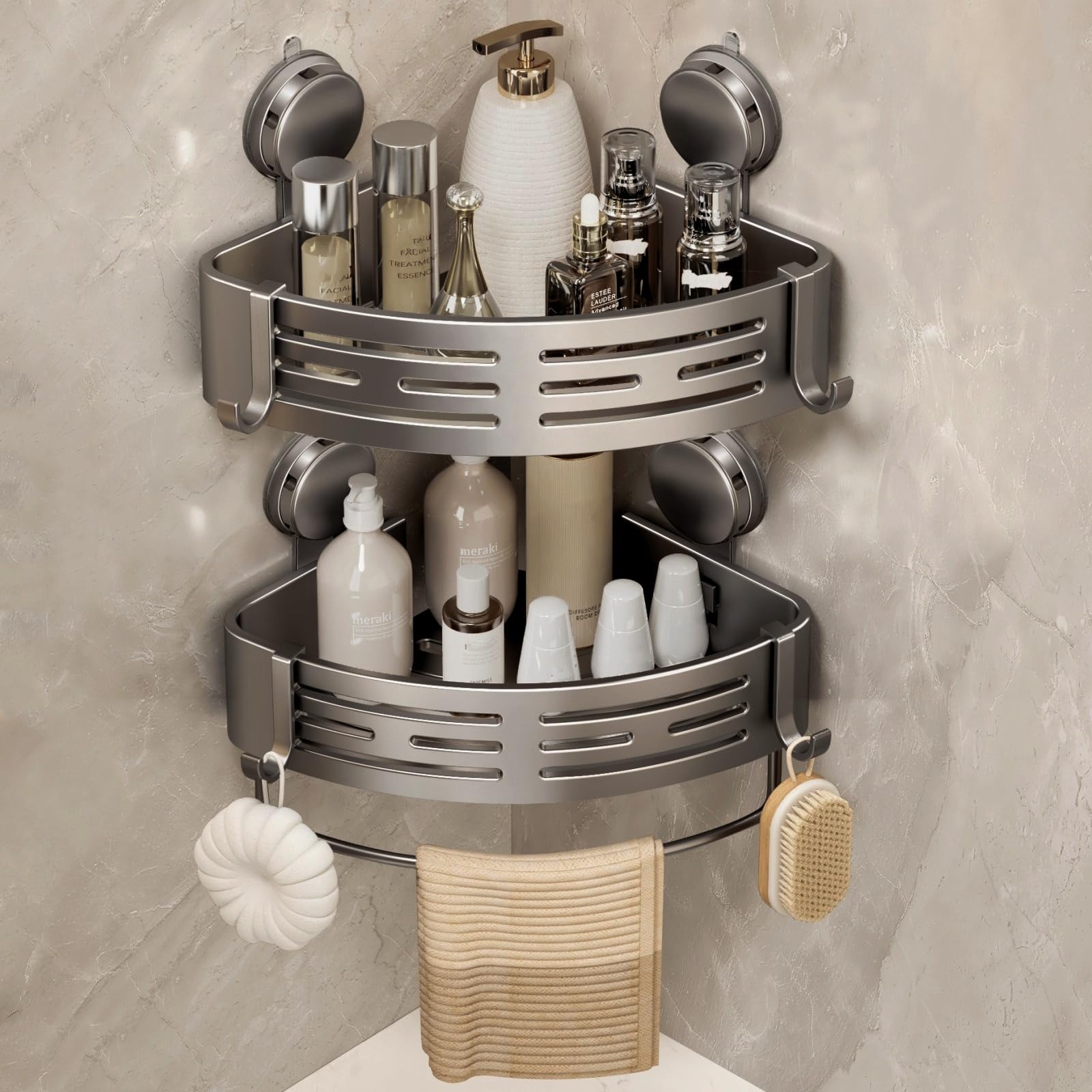 VOLPONE Corner Shower Shelf Suction Cup Shower Caddy Corner No Drilling Bathroom Shower Organizer Storage Rack Adhesive with Towel Bar (3-Pack, Gray)