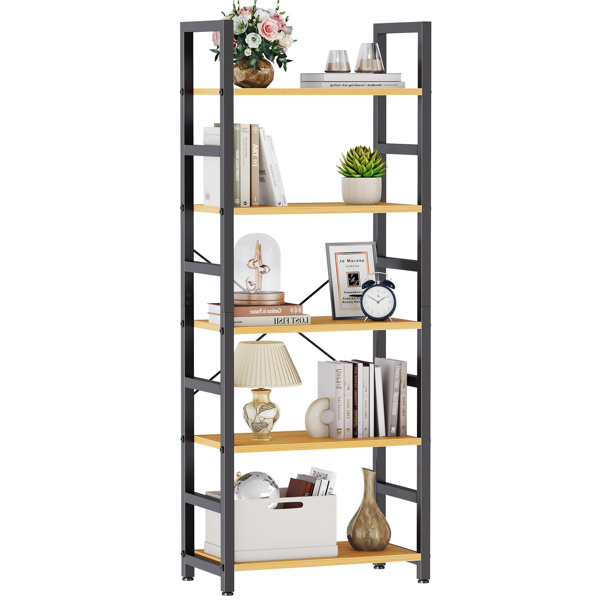 DUMOS 65 inch L Shaped Bookshelf, 5 Tier Corner Bookcase with Hooks and Edge, Industrial Pantry Shelves with Metal Frame, Wooden Open Storage for Living Room, Home Office, Bedroom, Rustic Brown