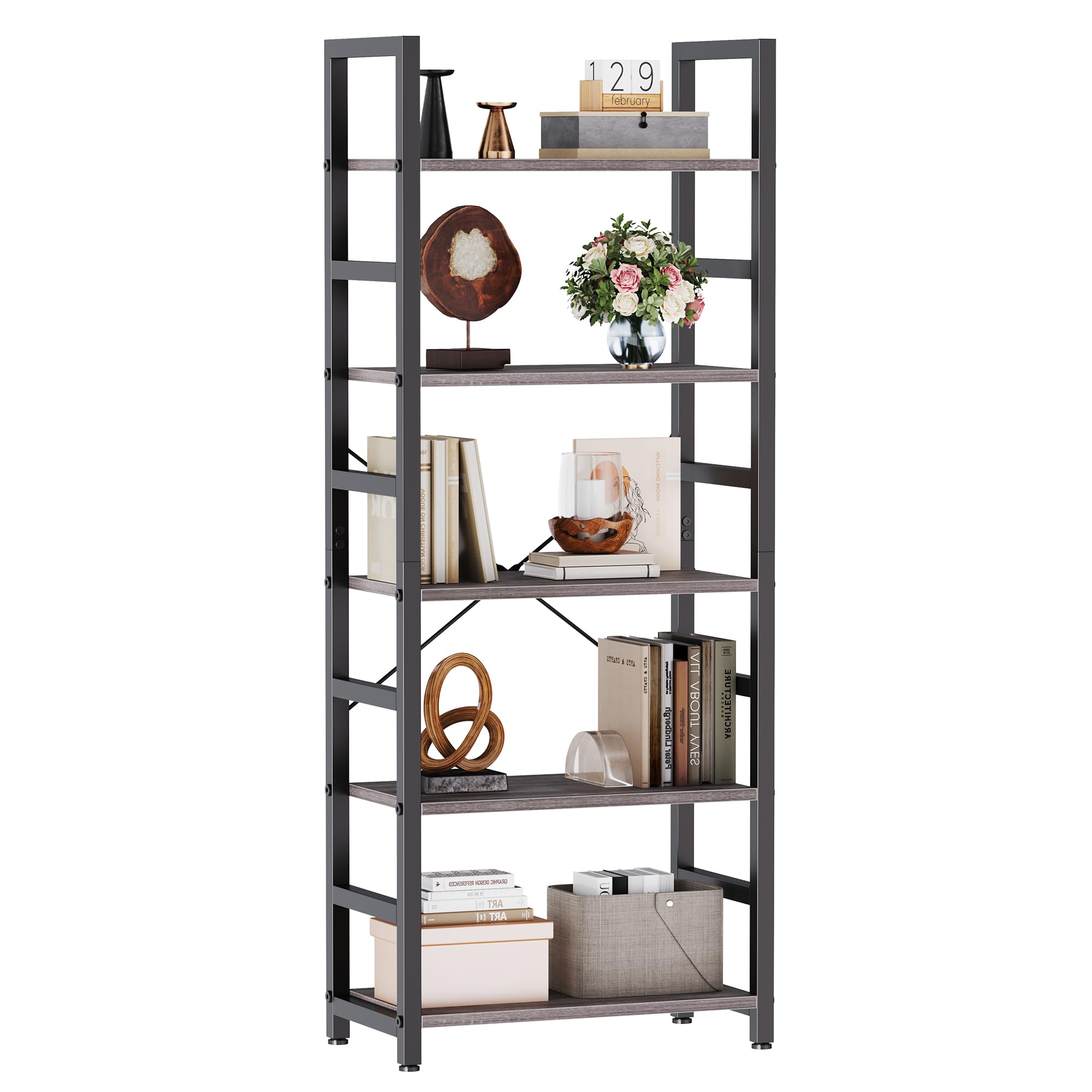 DUMOS 65 inch L Shaped Bookshelf, 5 Tier Corner Bookcase with Hooks and Edge, Industrial Pantry Shelves with Metal Frame, Wooden Open Storage for Living Room, Home Office, Bedroom, Rustic Brown