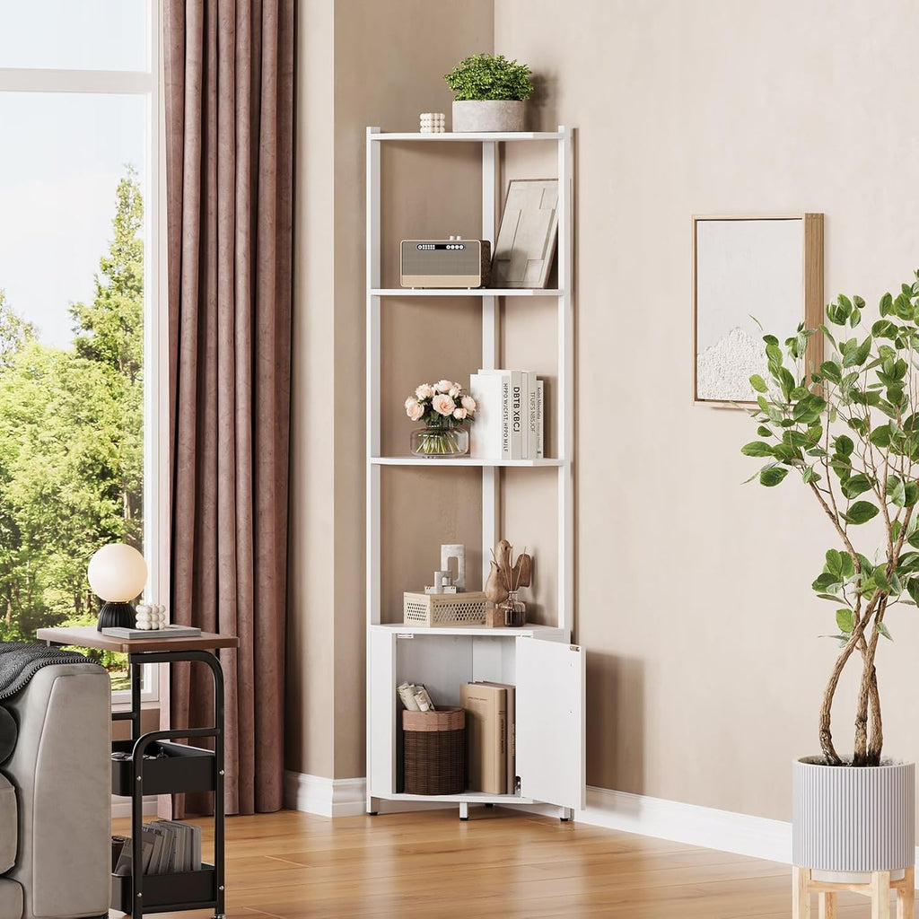 5-Tier Corner Shelf Stand, 58”Tall Metal Frame Narrow Bookshelf with Storage Rack, Easy Assembly Display Shelf for Wall Corner, Bedroom, Living Room, White