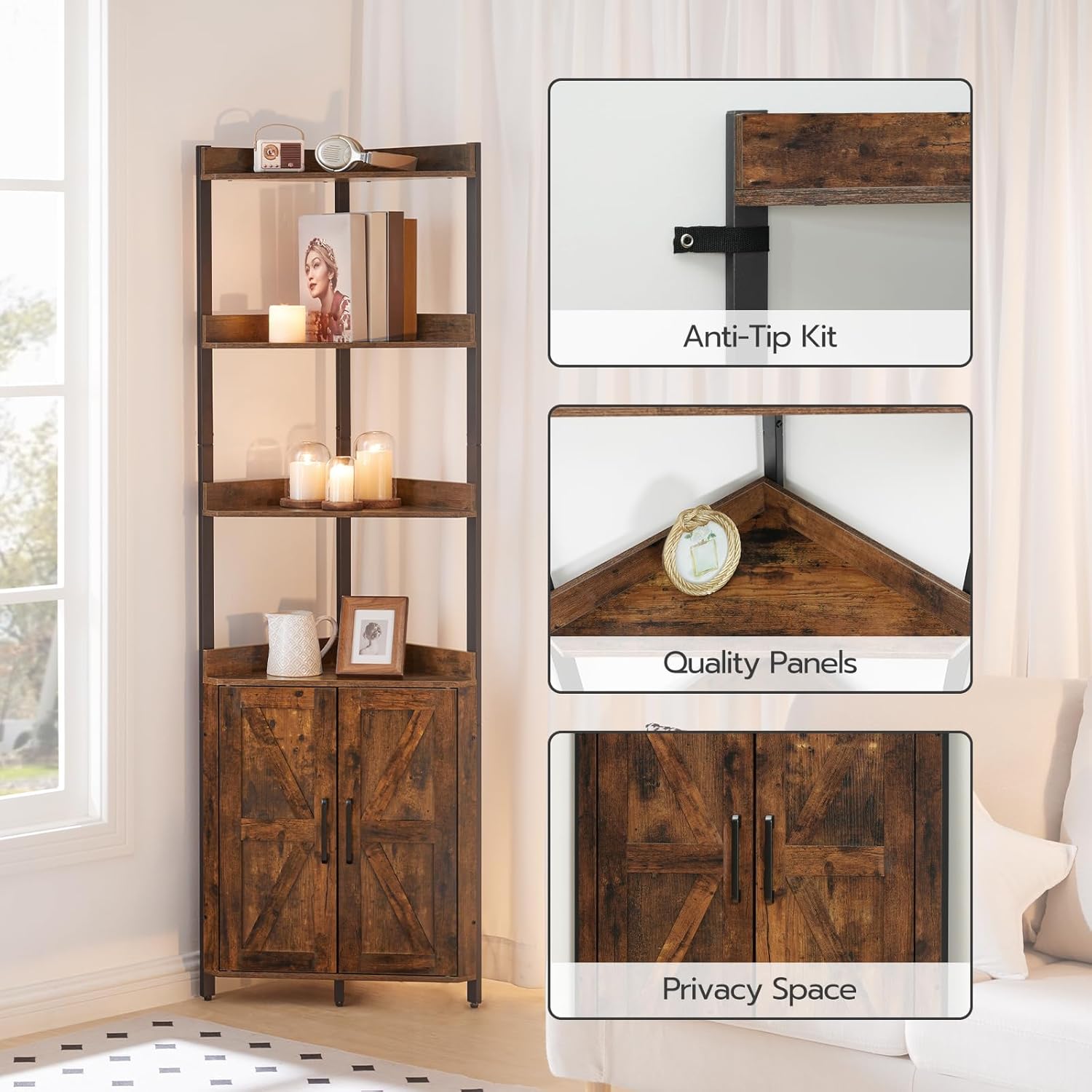 HOOBRO Corner Shelf with Storage, Tall Corner Cabinet, 5-Tier Bookshelf Stand, Storage Cabinet with Protective Fence, for Living Room, Rustic Brown and Black BF78CJ01