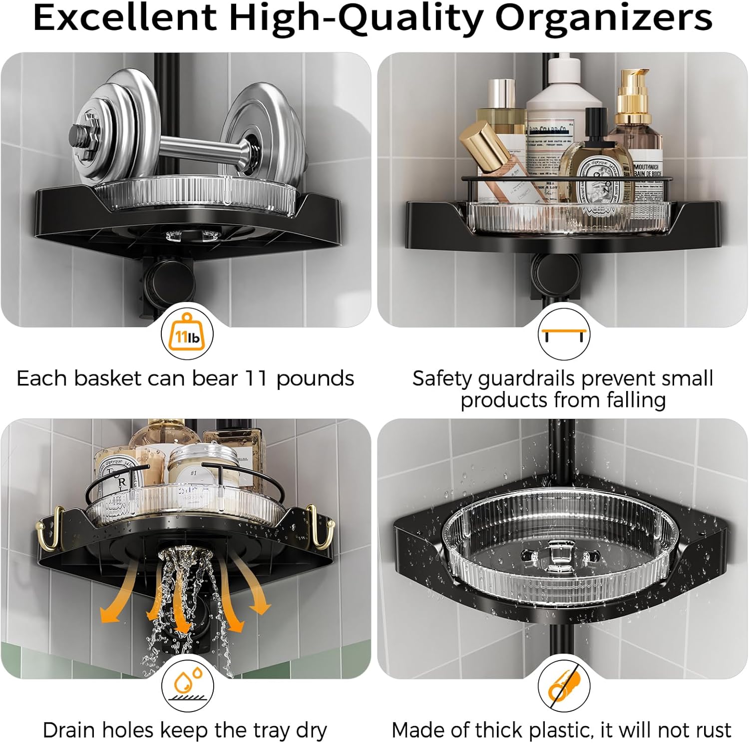 shuang qing 360° Rotating Corner Shower Caddy Tension Pole Organizer - 4-Tier Adjustable Rustproof Metal Pole, Plastic Shelves with Safety Guardrail, Bathroom Storage for Shower & Bathtub(Black)